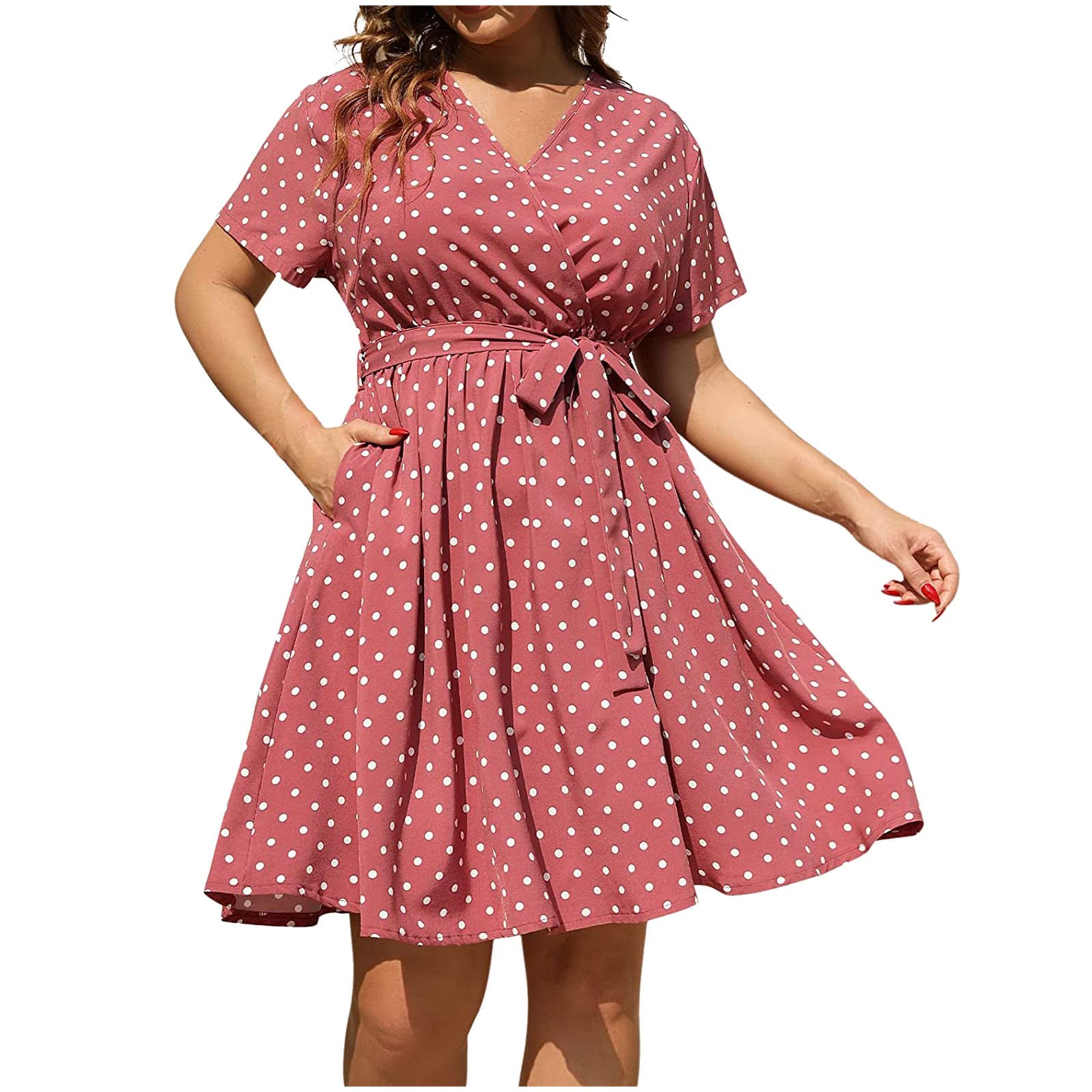 Plus Size Summer Floral Wrap Dress for Women - Casual Short Sleeve V Neck Bandage Tie Waist Mini Dress with Pockets | Perfect for Beach Vacations, Date Nights & Summer Parties