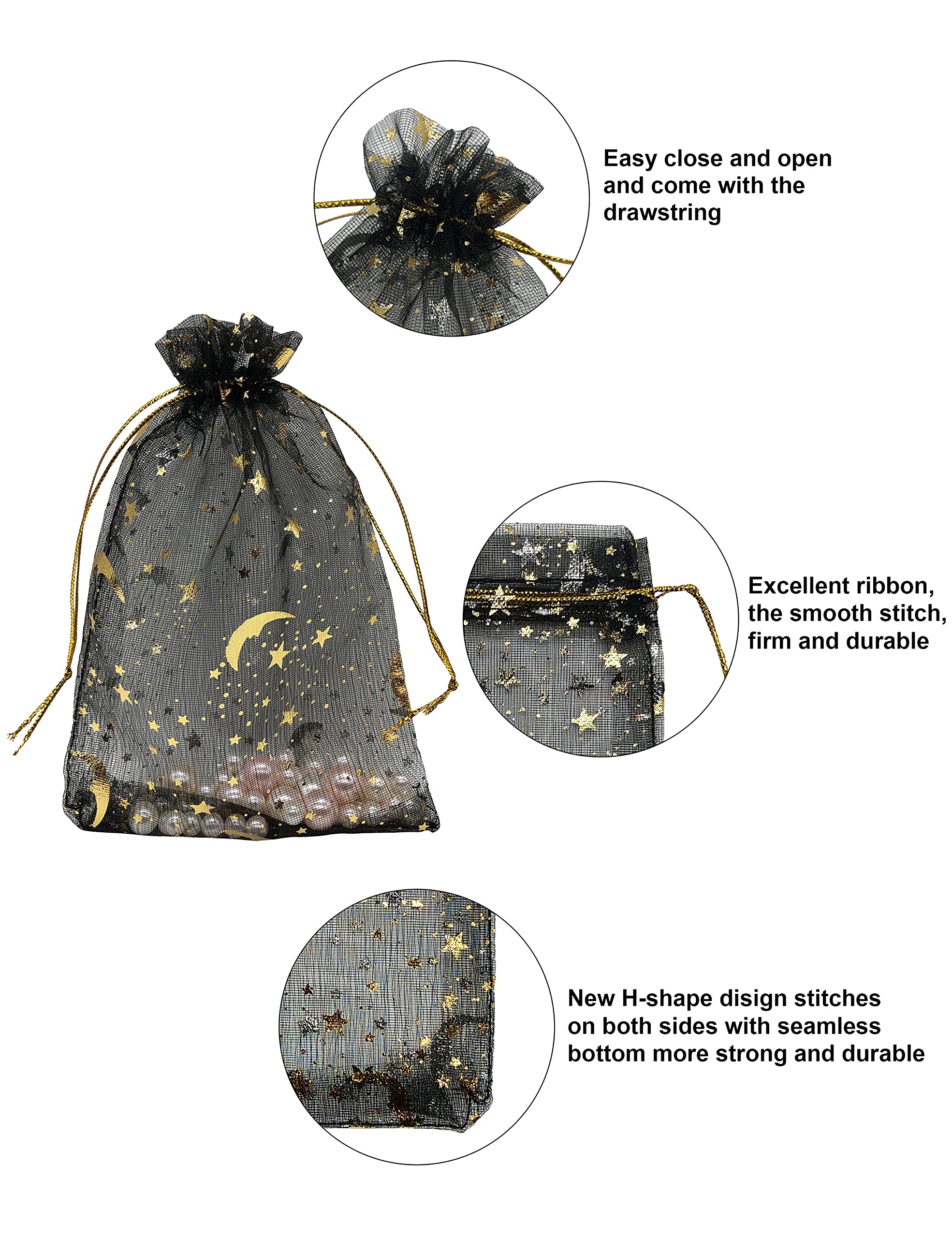 100PCS 4x6 Inch Black Organza Drawstring Bags - Premium Jewelry Gift Bags with Moon & Star Design for Wedding Favors, Party Gifts, Candy Packaging & Small Item Storage