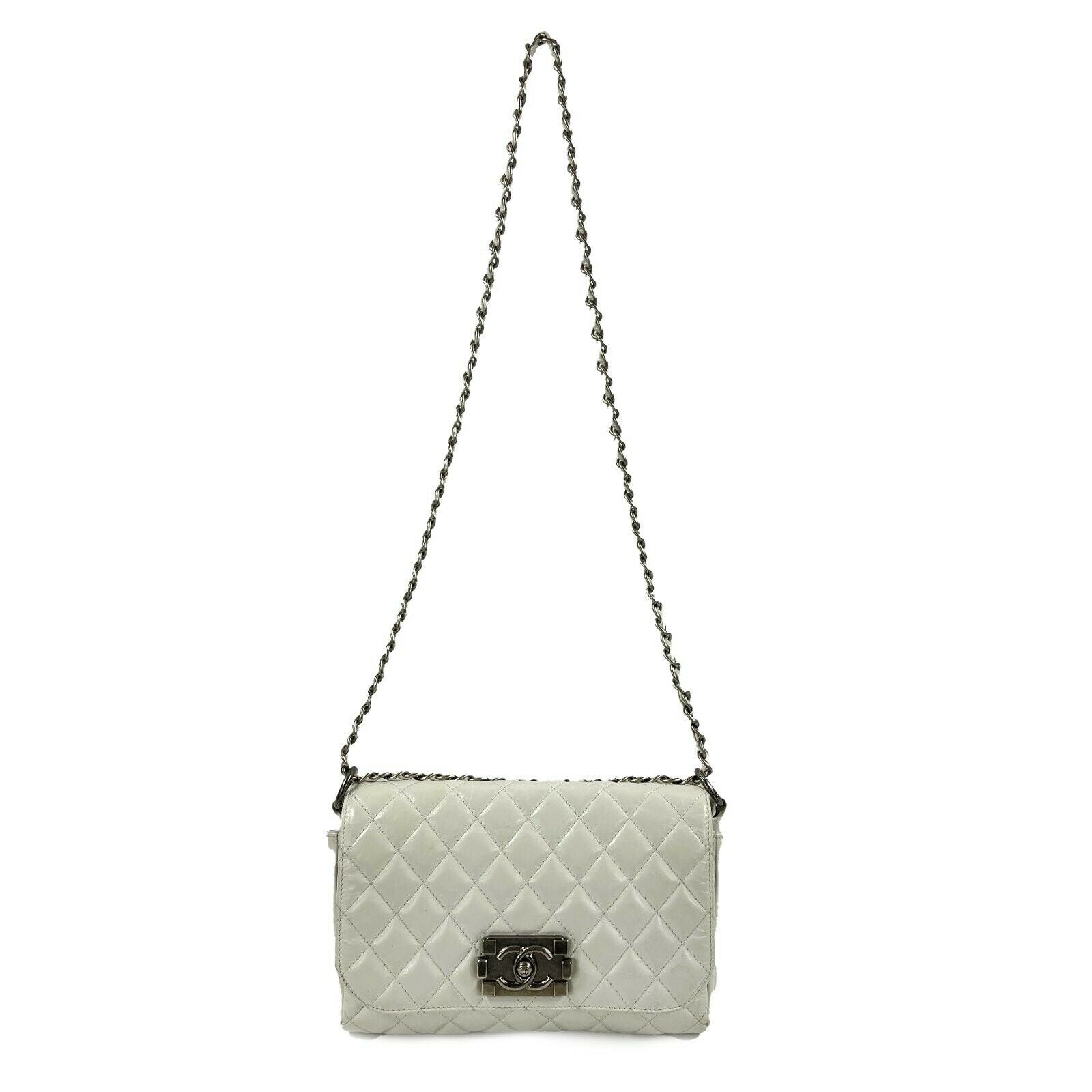 CHANEL White & Aged Silver CC Quilted Medium Leather Flap Crossbody Shoulder Bag - Luxury Designer Handbag for Women, Perfect for Parties, Date Nights & Special Occasions