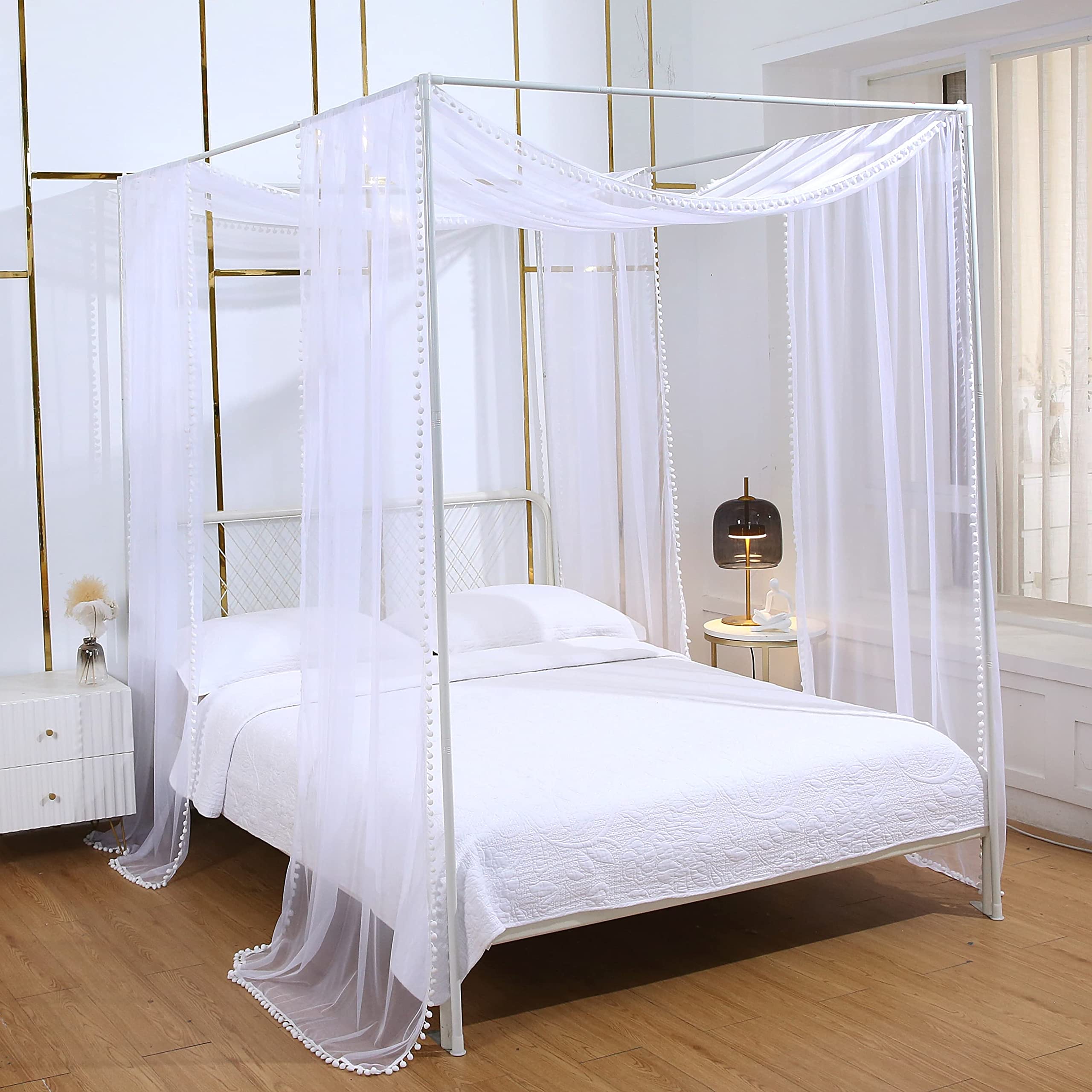 Elegant Akiky Pom Pom Canopy Bed Curtains - Sheer 2-Panel Princess Bed Canopy for Full/Queen Size Metal or Wood Bed Frames (White) - Perfect for Girls' Bedrooms, Boho Decor & Romantic Bedroom Makeovers