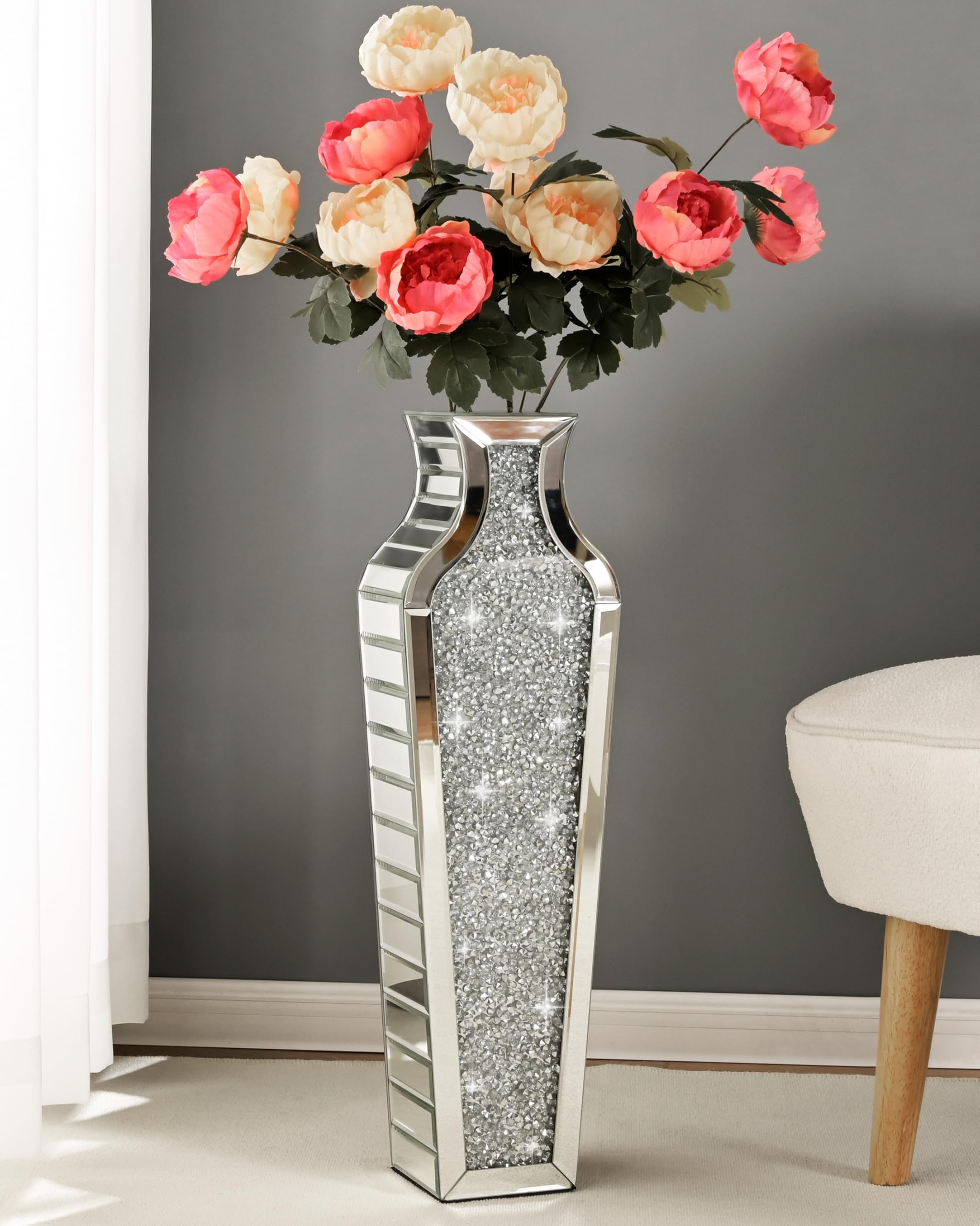 SHYFOY 26.8 Inch Tall Crushed Diamond Floor Vase - Large Silver Mirror Vase for Home Decor, Luxury Dried Flower Arrangement Container - Perfect for Living Room, Bedroom & Wedding Centerpiece Decorations