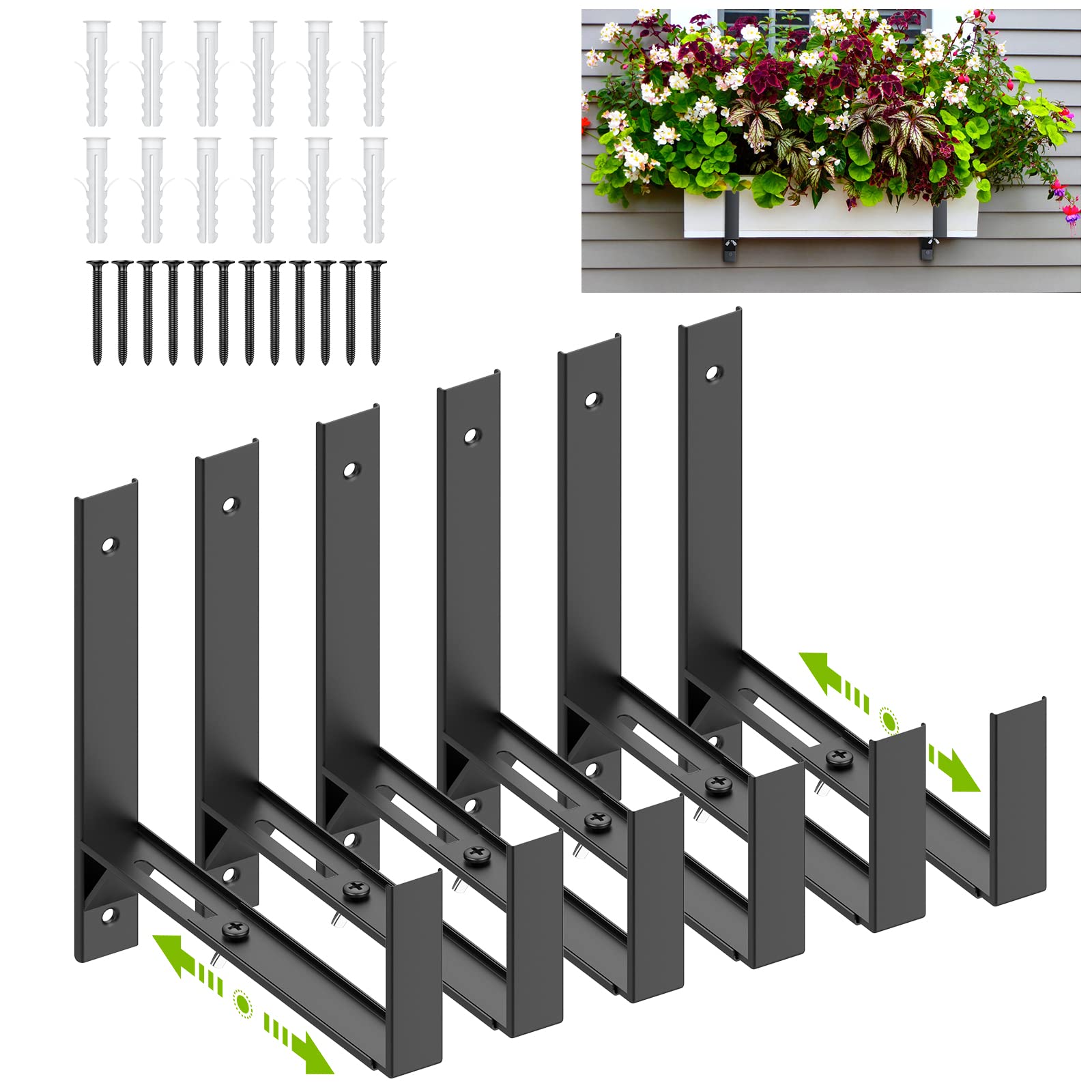 6-Pack Adjustable Planter Box Brackets (6.2-12.6 Inch) - Heavy Duty Wall Mount Flower Pot Holder for Window Boxes, Balcony, Fence & Patio - Black Metal Garden Shelf Brackets for Outdoor & Indoor Plant Displays