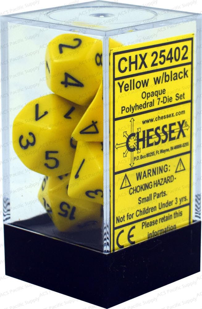 Premium Chessex D&D Dice Set - 16mm Opaque Yellow & Black Polyhedral Plastic Dice for Dungeons and Dragons - Includes 7 Standard RPG Dice (D4, D6, D8, D10, D12, D20, D%) - Perfect for Tabletop Gaming, D&D Campaigns & Role-Playing Adventures