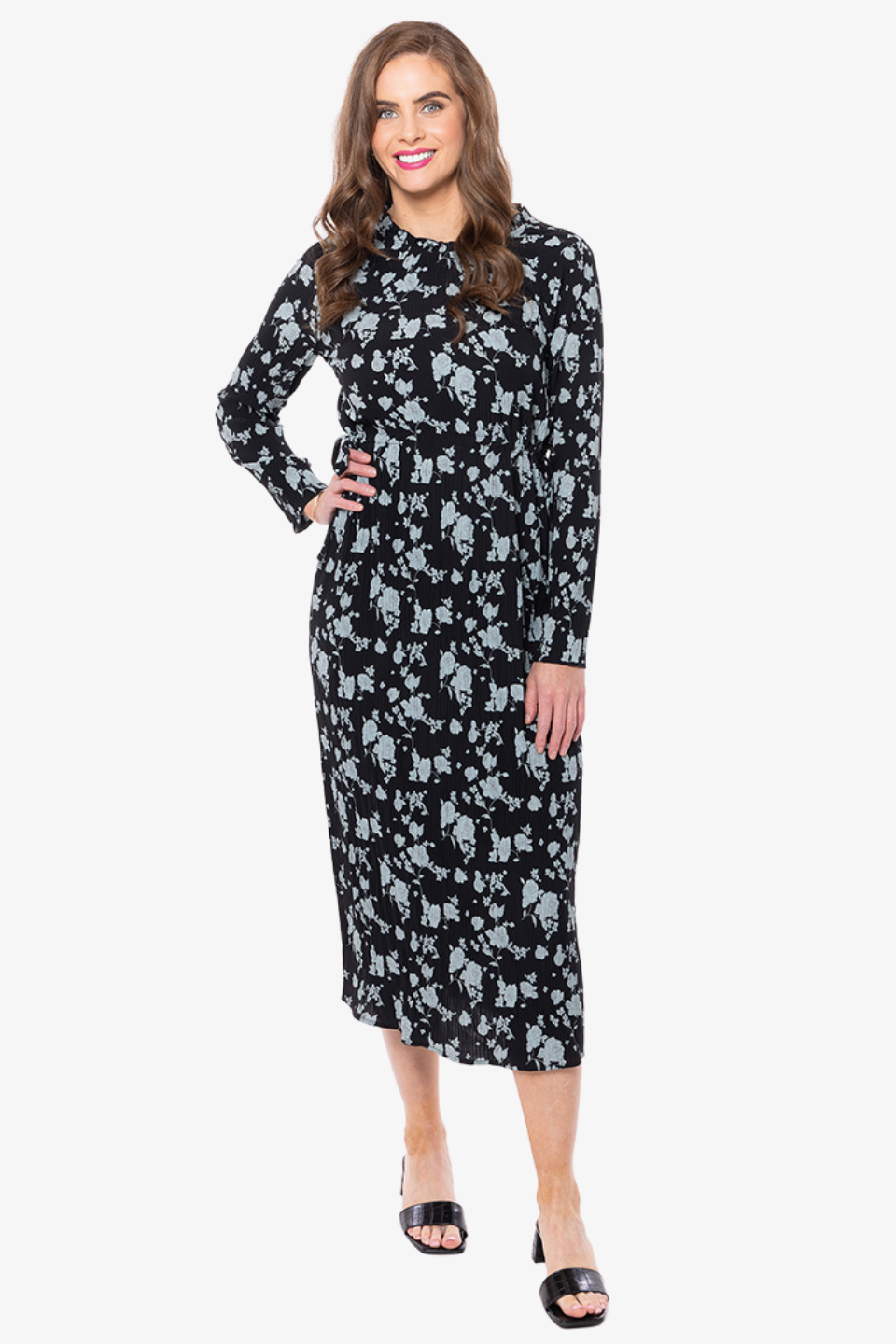 Elegant Black and Blue Rose Crinkle Long Sleeve Shift Dress for Women - Perfect for Casual Outings, Office Wear, and Special Occasions