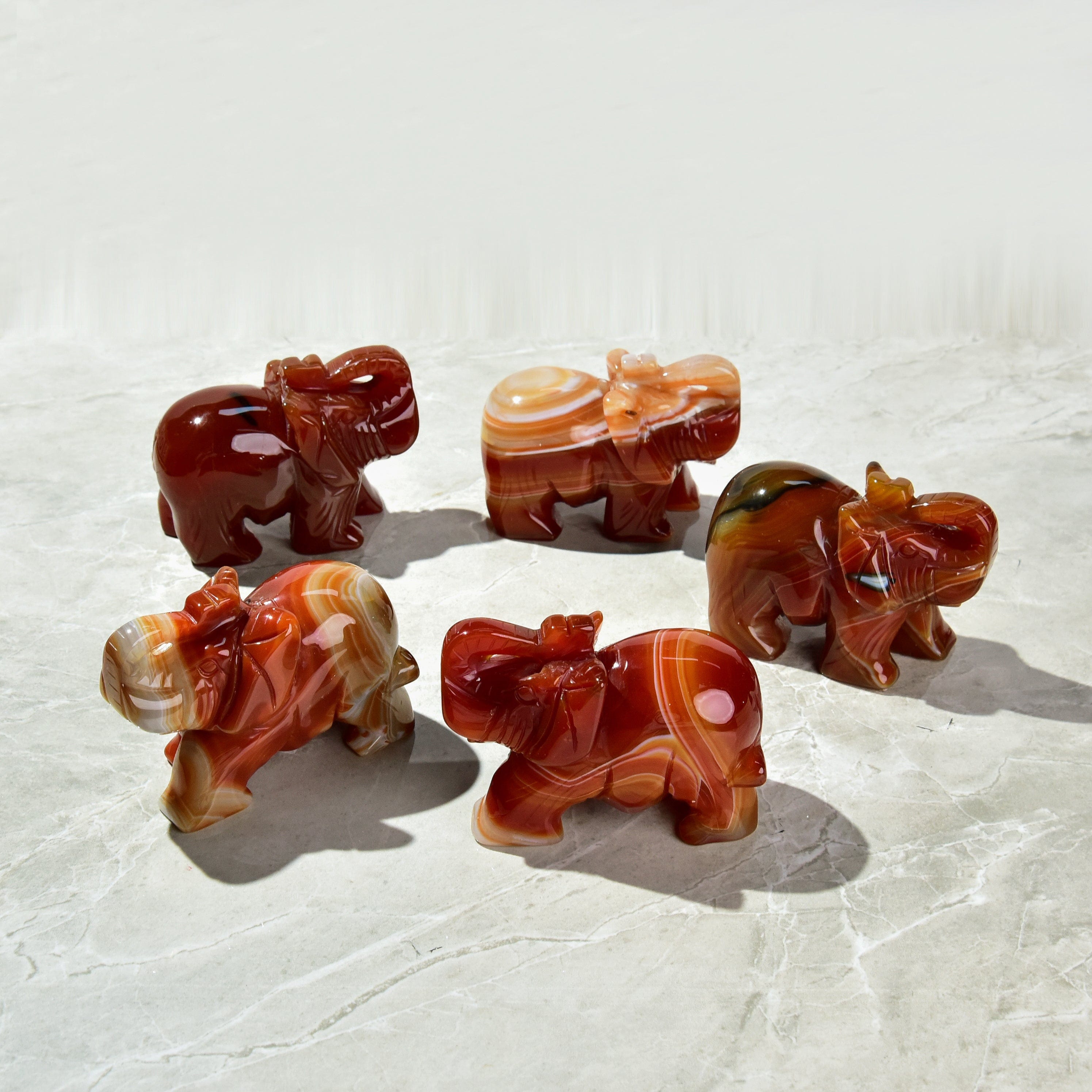 4 Natural Carnelian Elephant Gemstone Carvings - Handcrafted Spiritual Decor for Home, Office & Meditation Spaces