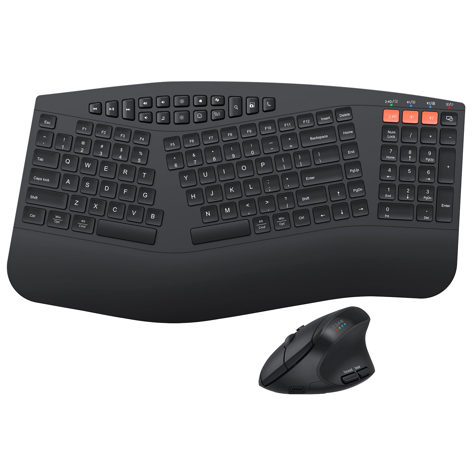 Ergonomic Wireless Keyboard and Mouse Combo - Silent Vertical Mouse with Cushioned Wrist Rest, 2.4G & Bluetooth Dual-Mode for PC/Mac (Black) - Perfect for Office Work, Gaming & Long Typing Sessions