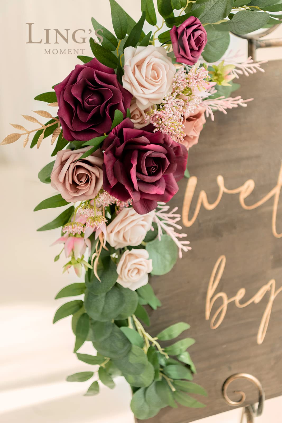 Ling's Moment 2-Piece Artificial Welcome Sign Swag - Wedding Arch Floral Decor with Eucalyptus & Marsala Roses - Perfect for Ceremony, Reception, Door, Wall, Home Entryway & Outdoor Decorations