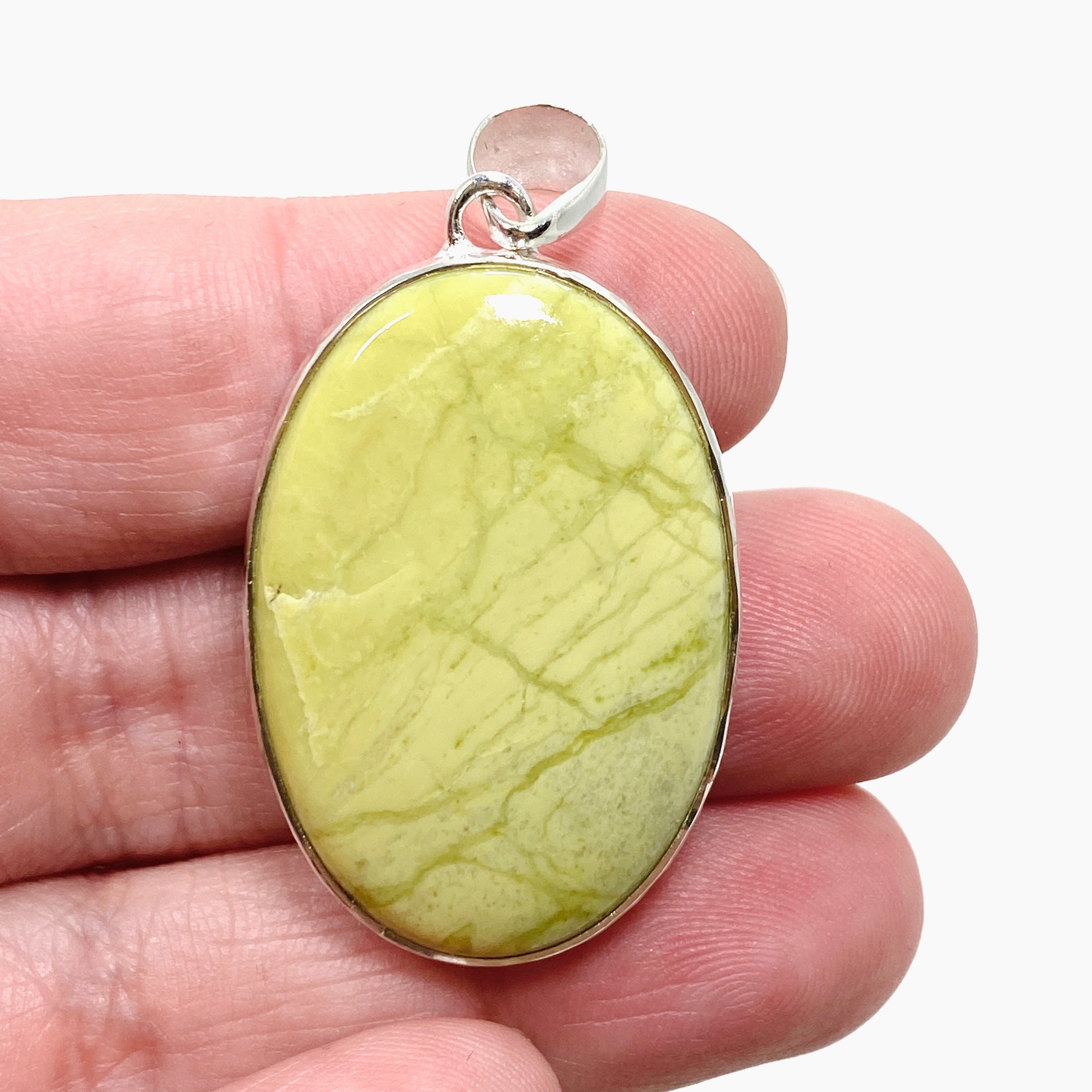 Natural Green Opal (Madagascar) Oval Cabochon Pendant Necklace - Handcrafted Hammered Silver Setting KPGJ4653 - Perfect for Boho Jewelry & Gift Giving
