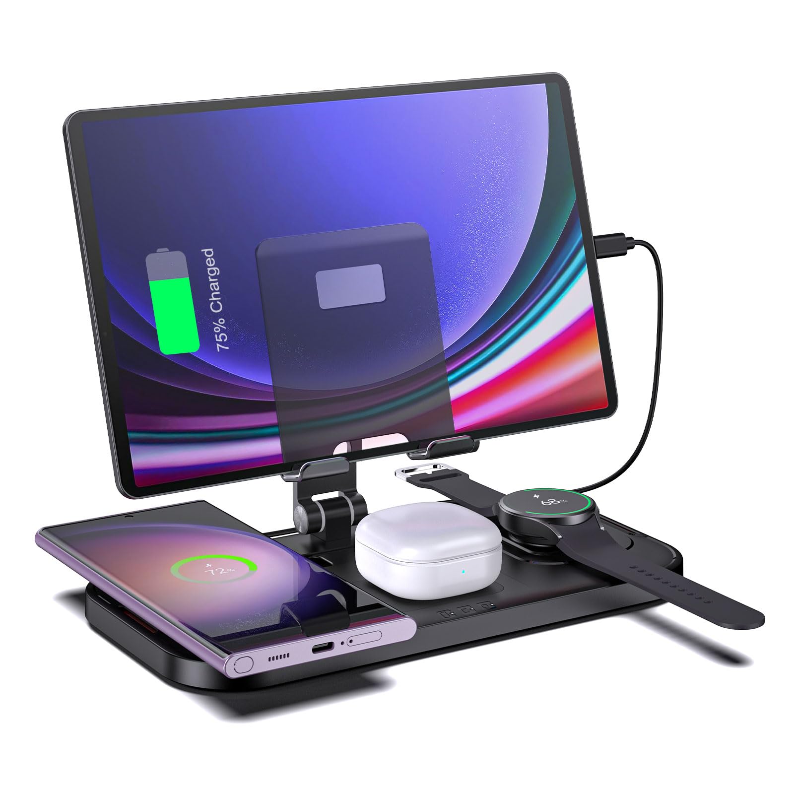 4-in-1 Wireless Charging Station for Samsung Galaxy S25 Ultra/S24/S23/S22/Note 20/Fold6/Flip6 - Fast Charger Stand for Galaxy Watch 7/6/5 Pro/4/3 & Buds - Foldable Multi-Device Charger for Android Phones & Tablets | Perfect for Home, Office & Travel
