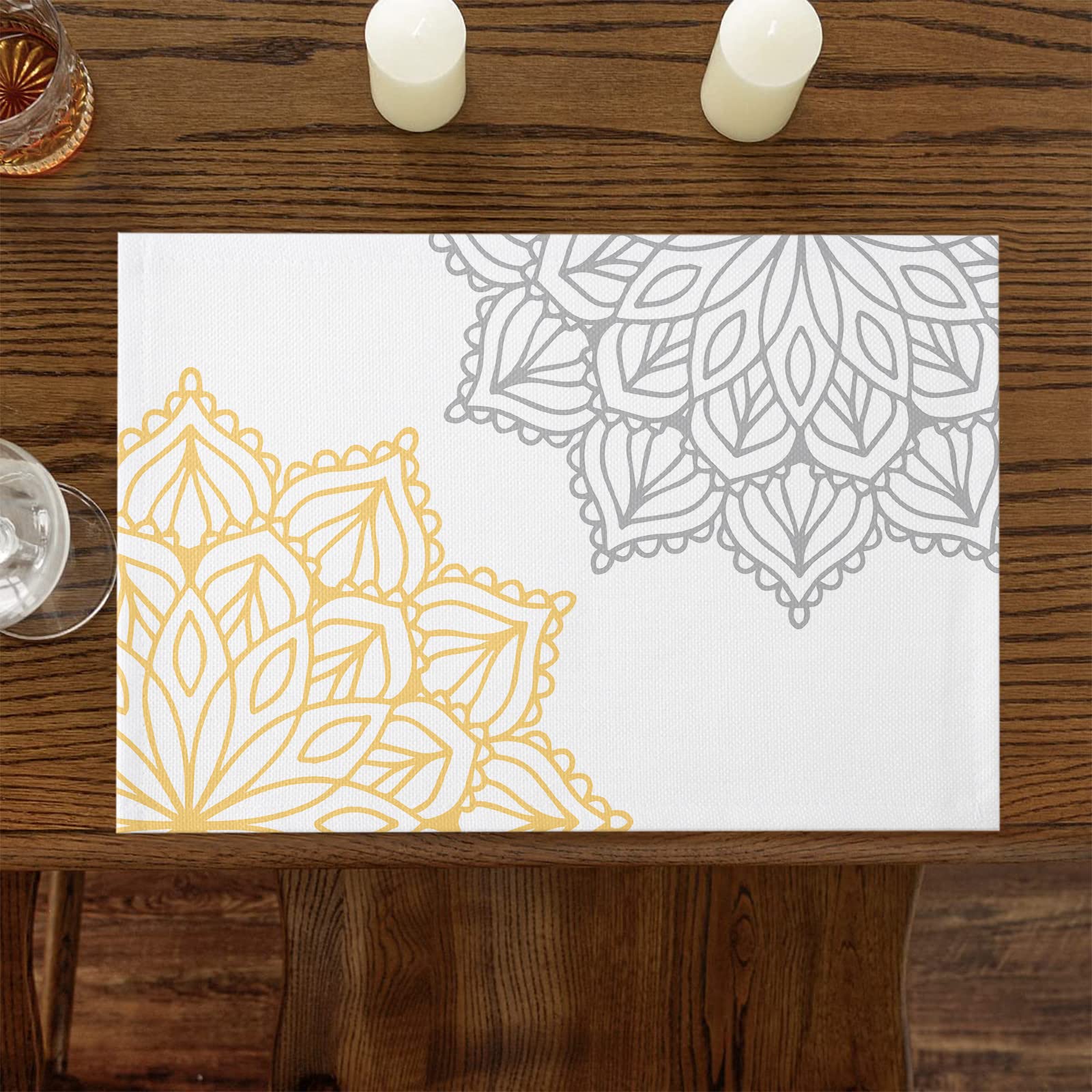 Elegant Yellow & Grey Dahlia Flower Placemats Set of 4 - Cotton Linen Heat-Resistant Non-Slip Washable Table Mats for Dining, Kitchen, Holiday Banquet Decor | Perfect for Thanksgiving, Christmas Dinner & Everyday Use