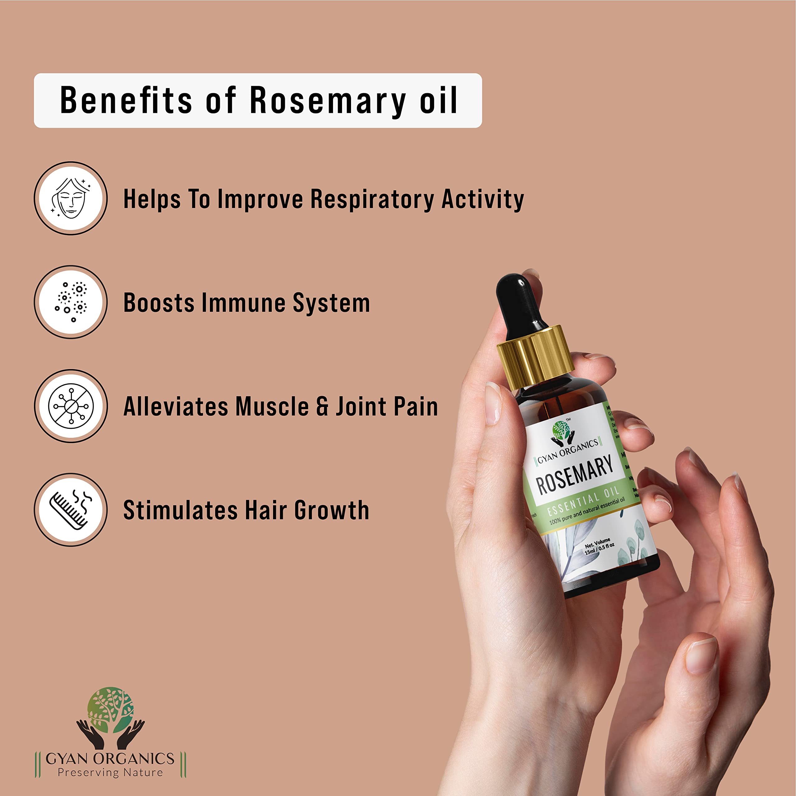 Gyan Organics 100% Pure Rosemary Essential Oil for Hair Growth - 15ml (Pack of 1) | Natural & Undiluted for Dandruff Control, Scalp Nourishment & Healthy Hair | Perfect for DIY Hair Care, Aromatherapy & Massage