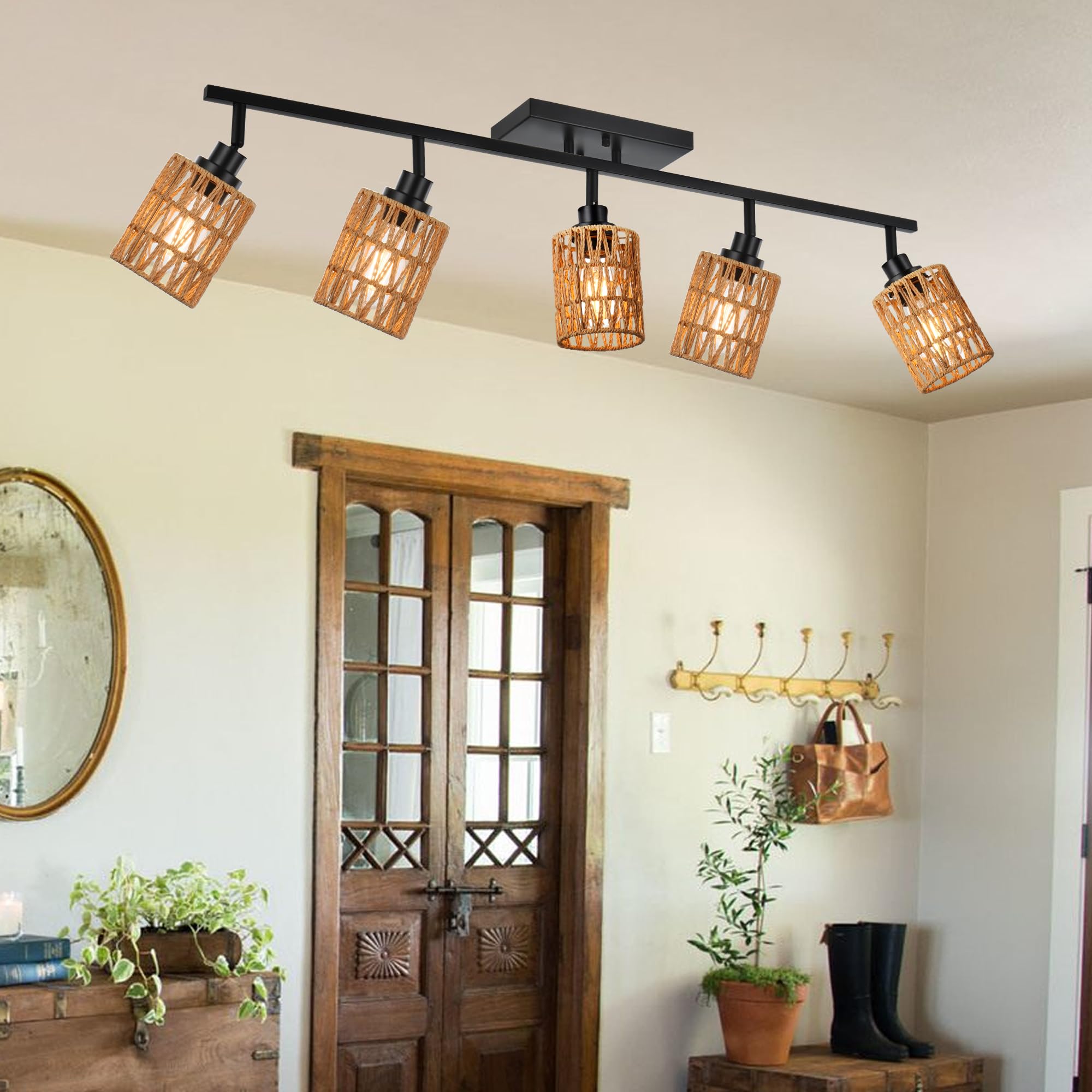 MELUCEE 5-Light Black Track Ceiling Light Fixture with Rattan Shade - Farmhouse Vanity Lighting for Bathroom, Hallway, Porch & Foyer - Adjustable Rotatable Spotlight Heads for Perfect Ambience