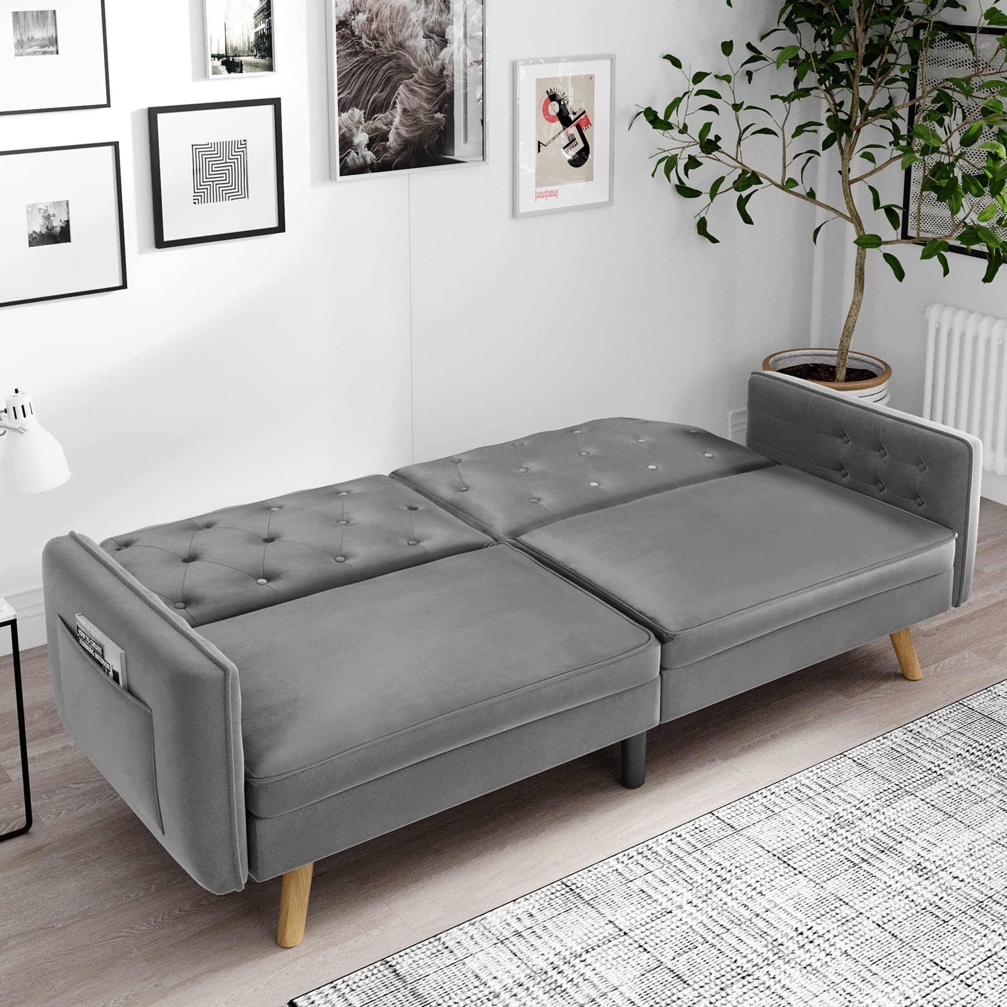 Modern Velvet Convertible Futon Sofa Bed with Wood Legs & Armrests - 3 Adjustable Backrests for Small Spaces, Apartments & Guest Rooms | Twin Size Sleeper Couch for Overnight Guests, Living Room & Studio (Gray)
