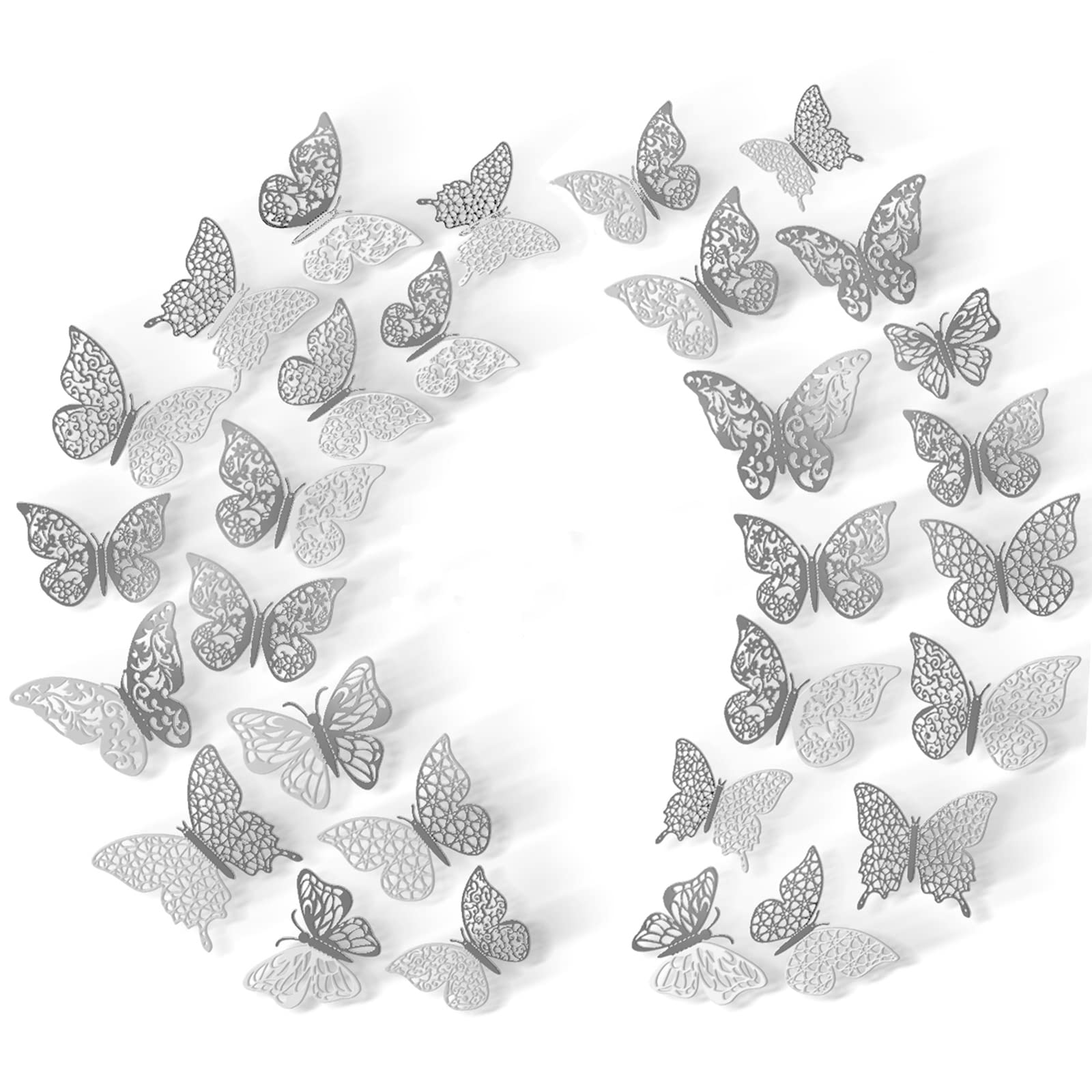 3D Butterfly Wall Decor - 72 PCS 3 Sizes 6 Styles Silver Butterfly Decorations for Birthday Party, Cake, Kids Bedroom, Nursery & Wedding - DIY Home Decor & Wall Stickers for Girls Room, Baby Shower, Bridal Shower & Event Decoration