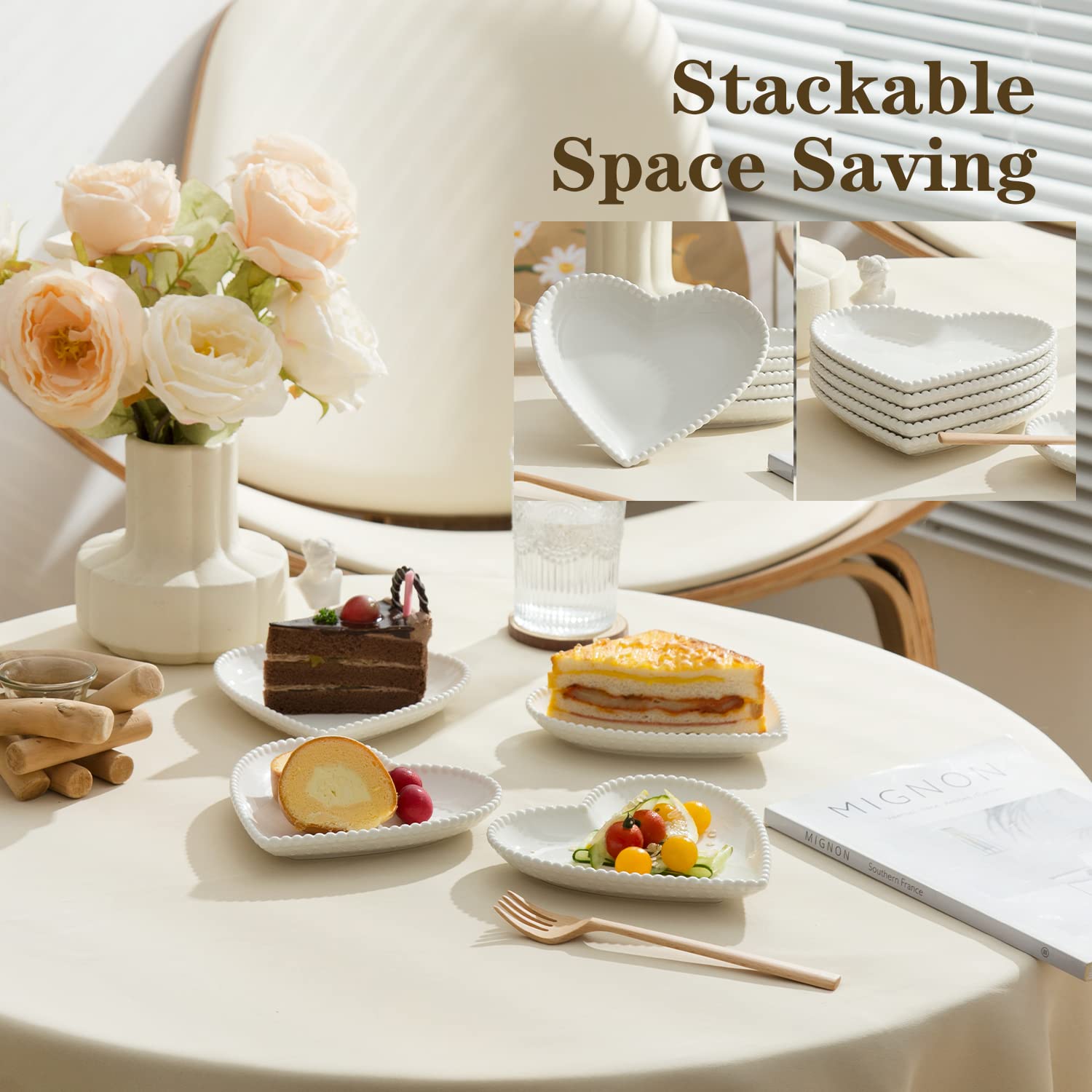 6.3 Inch White Heart-Shaped Porcelain Appetizer Plates - Set of 10 Small Dinner Plates for Dessert, Salad, Cake, Snack & Ice Cream - Microwave, Oven & Dishwasher Safe - Perfect for Valentine's Day, Bridal Showers & Romantic Dinners