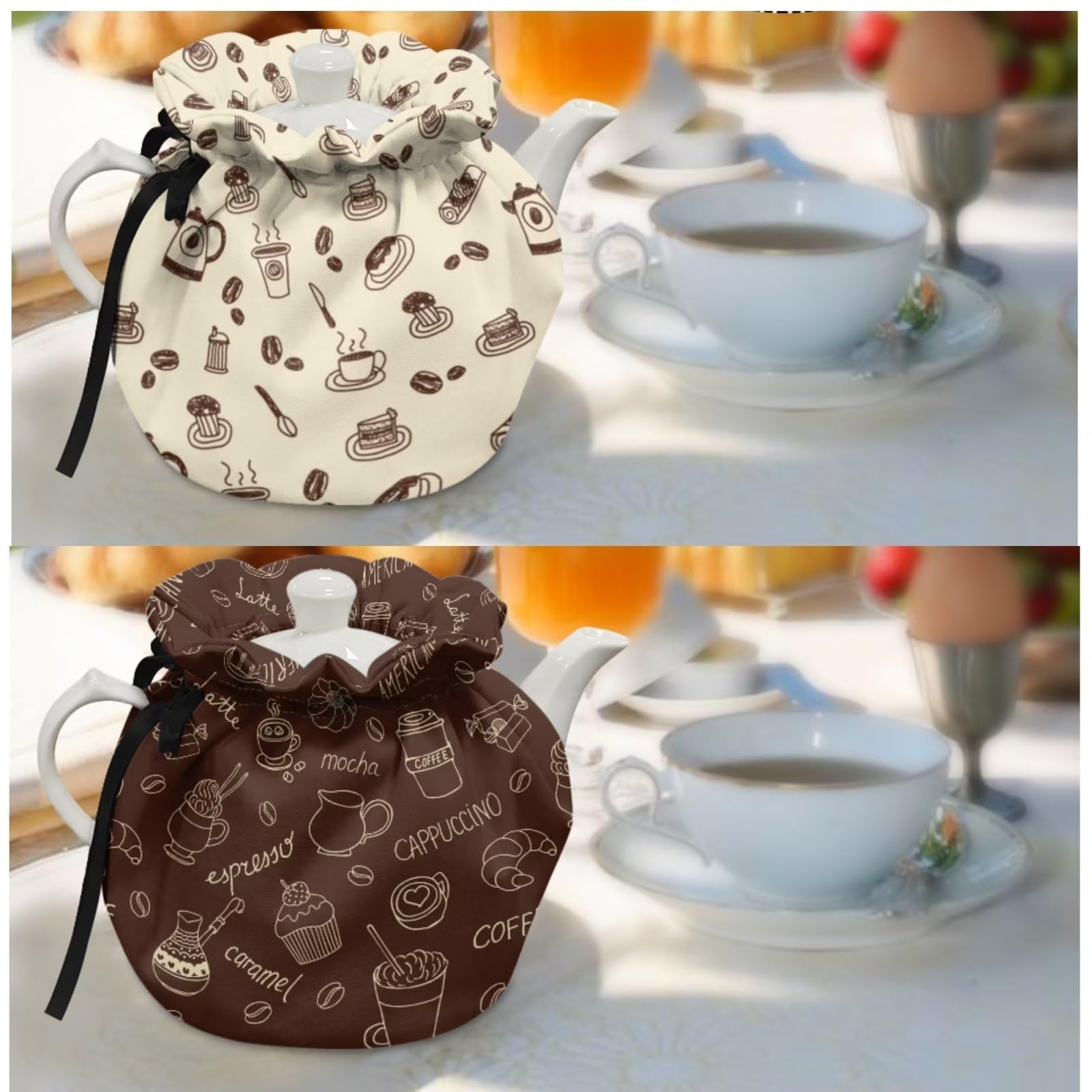 Cotton Tea Cozy - Insulated Tea Pot Cover with Coffee Croissant Print - Thick Extra Warm Teapot Lid for Home Kitchen Decor - Perfect for Tea Parties, Coffee Breaks, and Cozy Kitchen Accessories