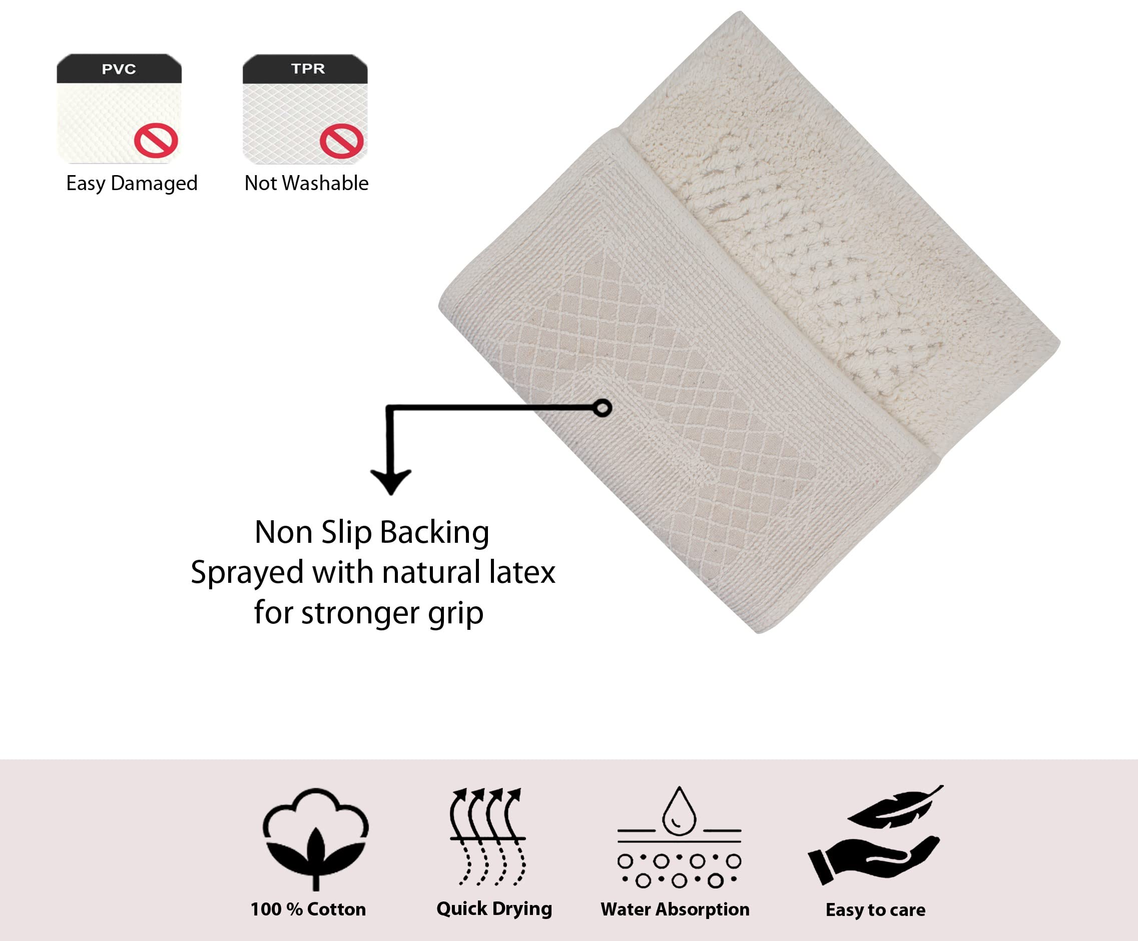 Premium 100% Cotton Bath Mat Set - Ultra Soft Absorbent Non-Slip Bathroom Rugs, Washable Contour Bath Mats for Bathroom & Kitchen Floor, 3-Piece Ivory Set - Perfect for Spa-Like Comfort & Safety