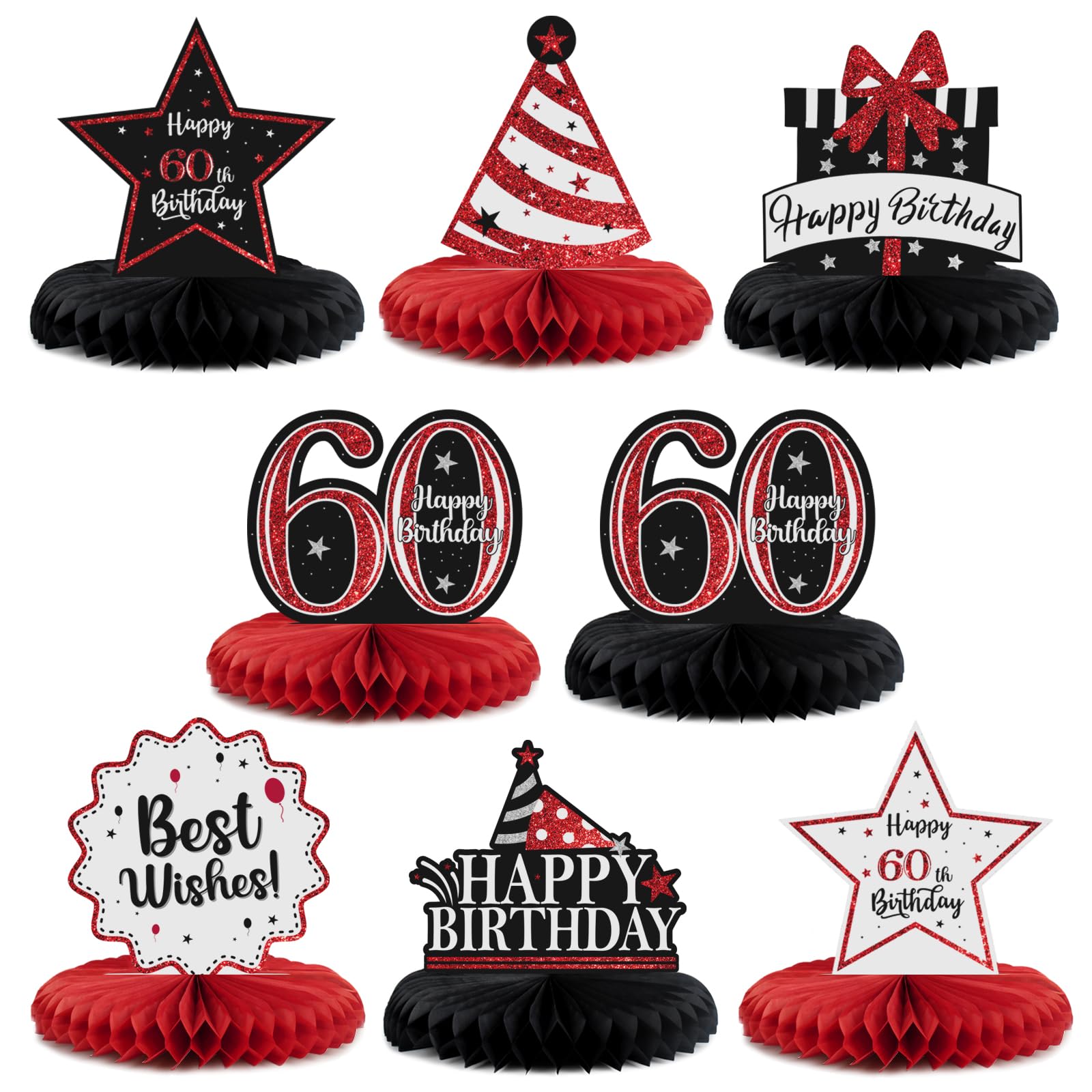 60th Birthday Party Decorations - Glitter Shiny Honeycomb Table Centerpieces for Sixty Years Old Celebration - Red Glitter Photoprop Sign - Perfect for Milestone Birthday Parties, Retirement Celebrations & Anniversary Events