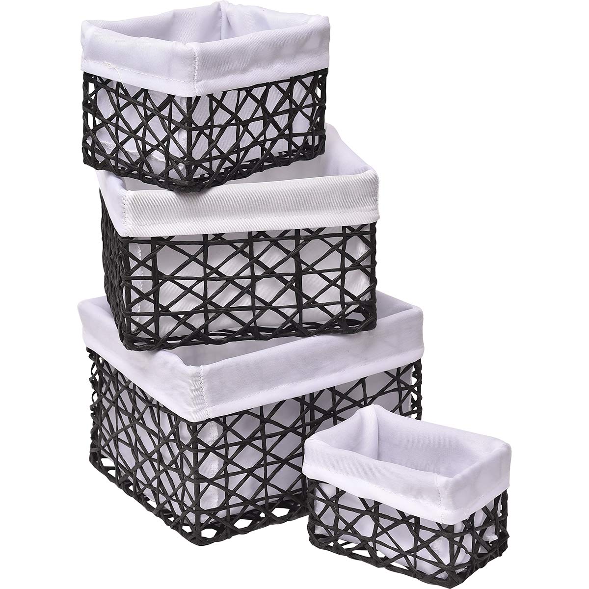 Eco-Friendly Paper Rope Storage Baskets Set of 4 - Black Woven Organizer Bins for Home, Office & Laundry Organization