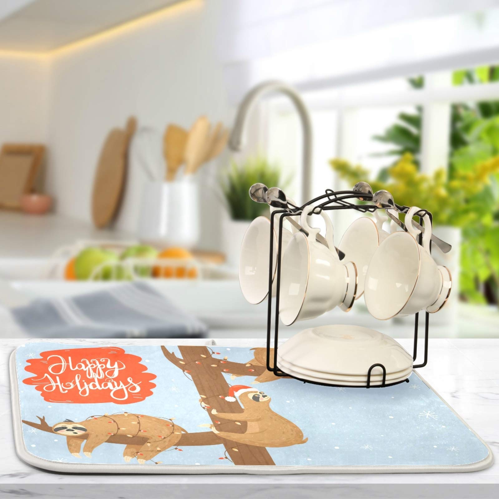 Sloth-Themed Christmas Kitchen Dish Drying Mat - Super Absorbent 18x24 Inch Countertop Drainer Pad for Holiday Decor & Easy Cleaning | Perfect for Winter Kitchen Decor, Gift Giving & Dish Drying