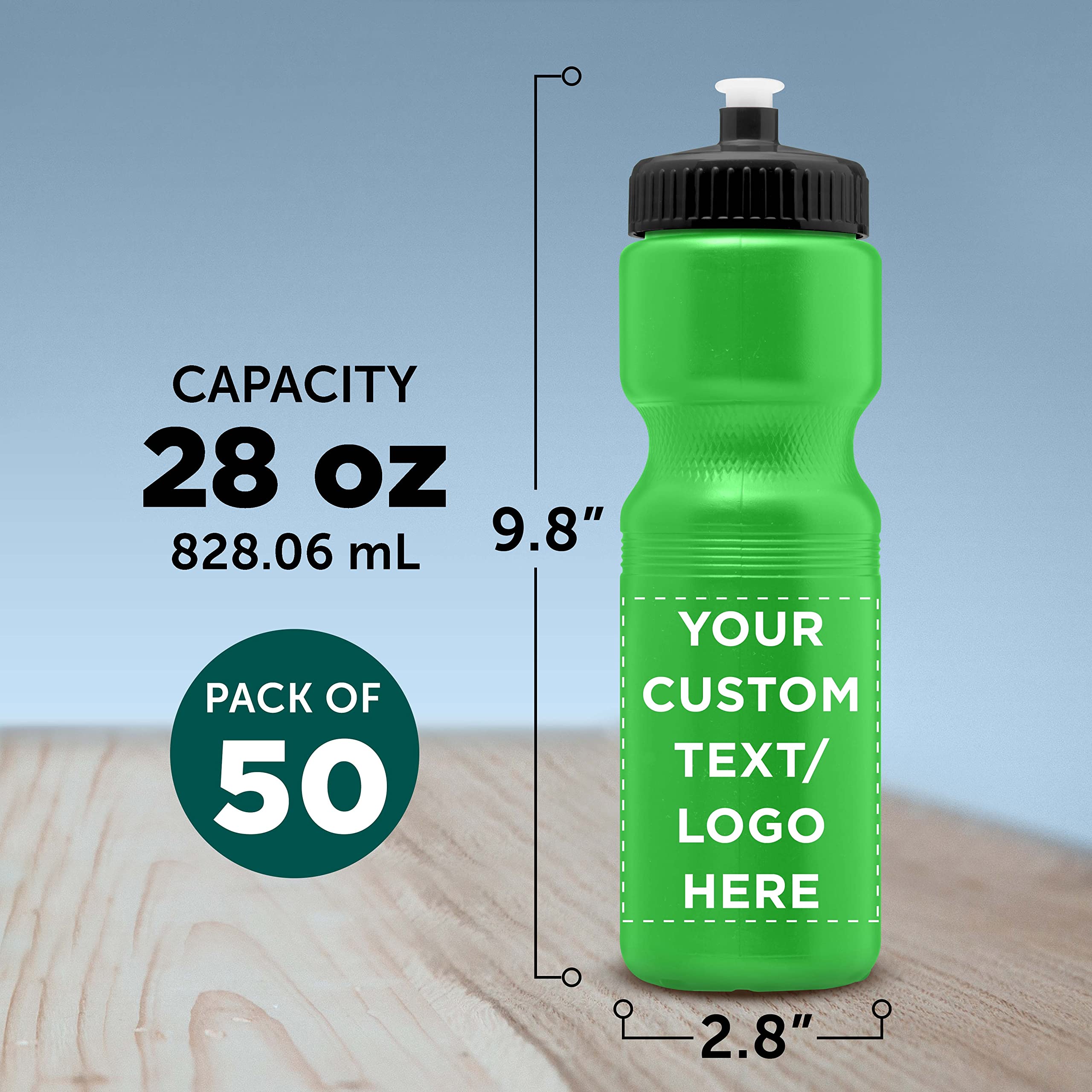 28 oz Custom Push Cap Plastic Water Bottles - Bulk Pack of 50 - Personalized Neon Green Water Bottles for Gym, Hiking, Camping & Outdoor Sports - Ideal for Team Events, Corporate Gifts & Promotional Giveaways