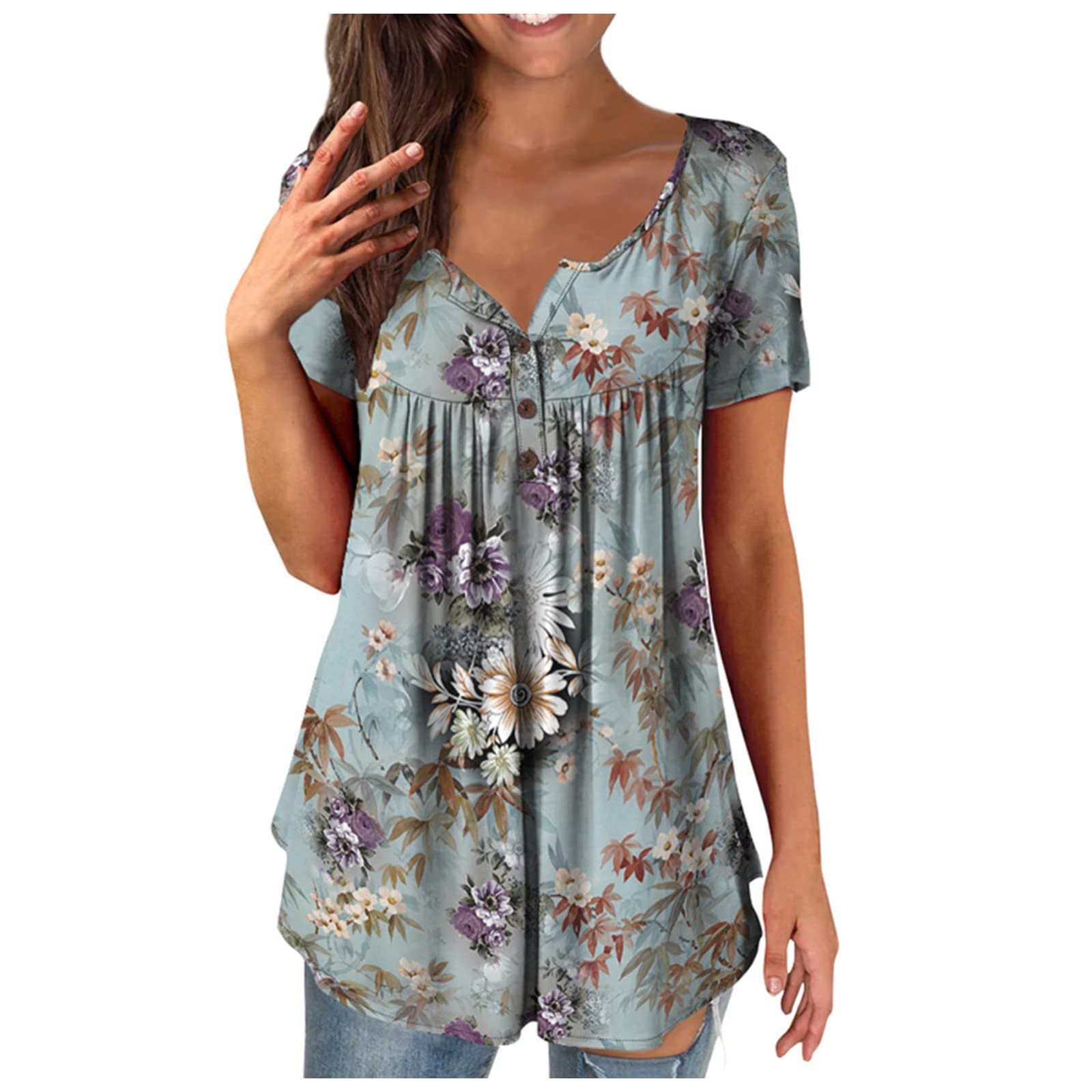 Women's Casual Short Sleeve Ruffle Blouse - Loose Fit Oversized Button Down Top with Pleated Details & Floral Print | Perfect for Summer Outfits, Beach Wear & Everyday Fashion