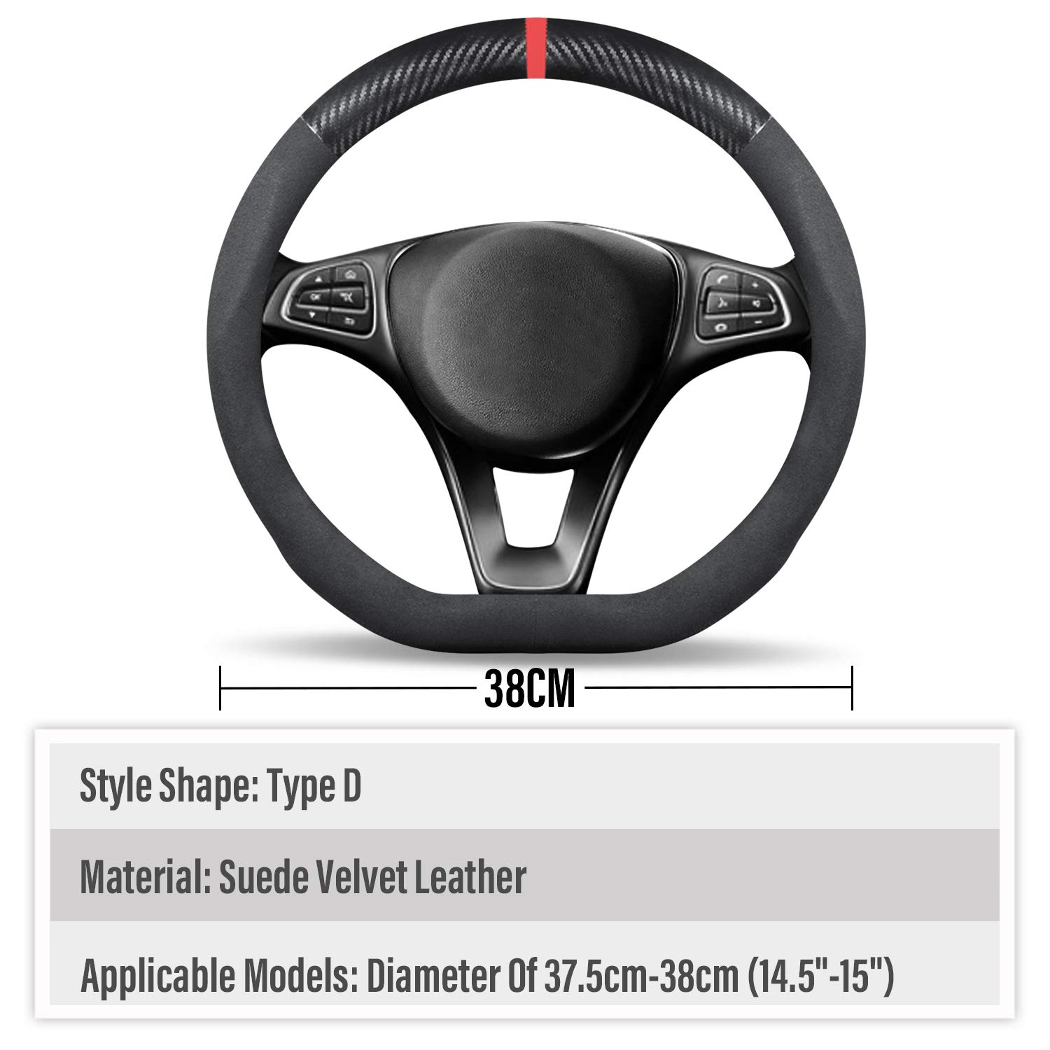 Ergocar Non-Slip D-Shaped Steering Wheel Cover - Premium Suede & Velvet Leather, Universal Fit for 38cm (15