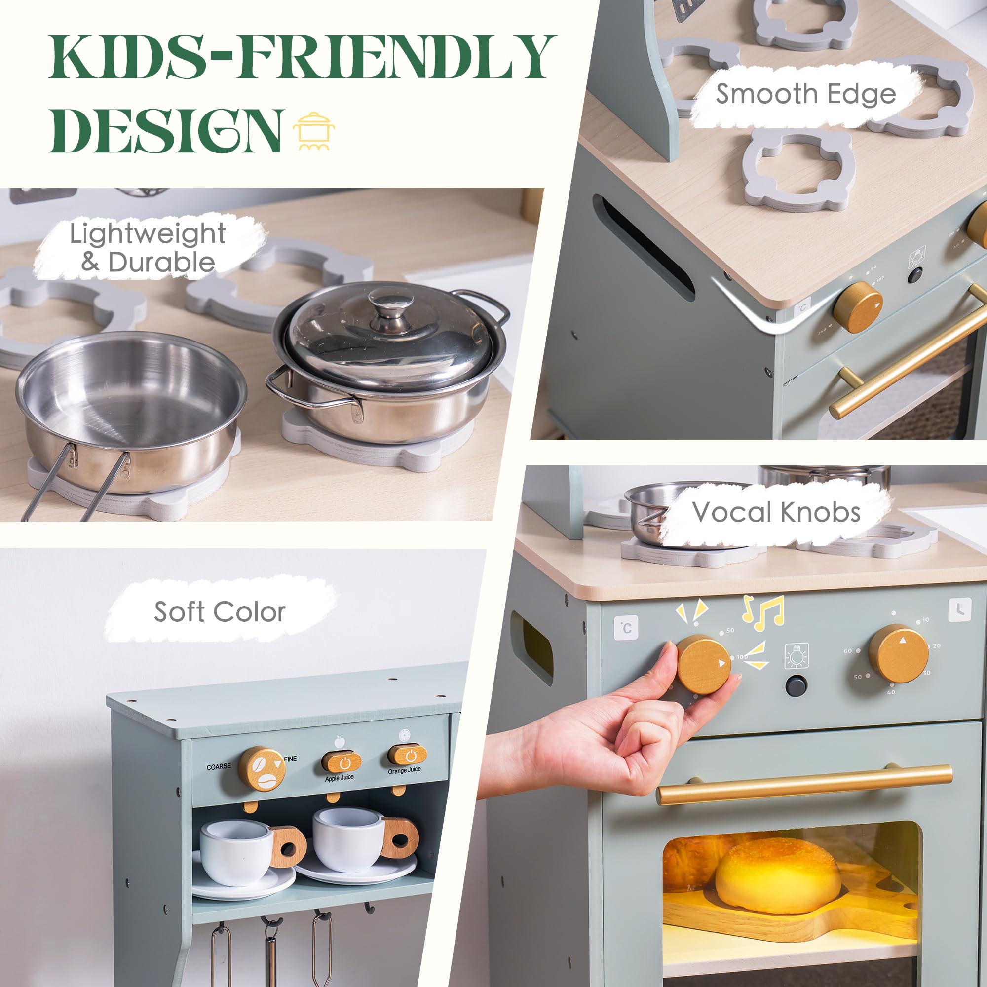 ROBUD Wooden Play Kitchen Set for Kids - Pretend Play Toy with Ice Maker, Refrigerator, Coffee Machine, Oven, Dishwasher & Microwave - Complete Kitchen Accessories - Educational Gift for Boys & Girls Ages 3+ - Perfect for Imaginative Play, Role-Playing & Early Learning Development