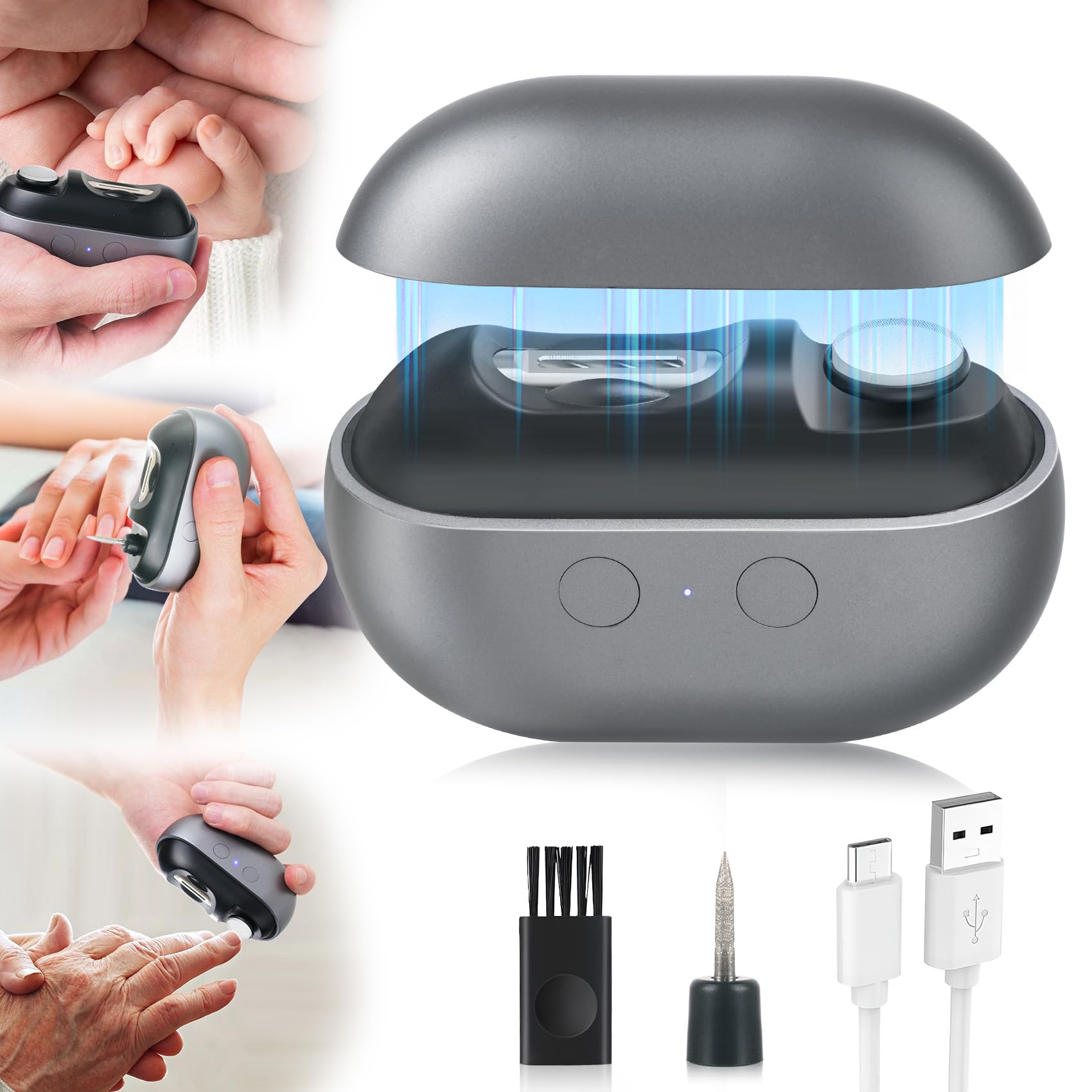 Electric Nail Clipper - 3 in 1 USB Rechargeable Nail Trimmer & Polisher with LED Light & Storage Case, 2 Speed Settings for Baby, Kids, Adults & Seniors (Frosted Black) - Perfect for Home, Travel & Salon Use