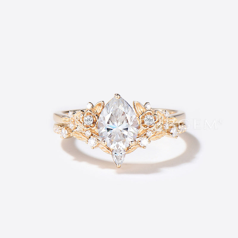 IGI Certified Pear Lab Grown Diamond Engagement Ring - 14k Gold Floral Leaf Wedding Band Set for Bridal, Anniversary & Special Occasions