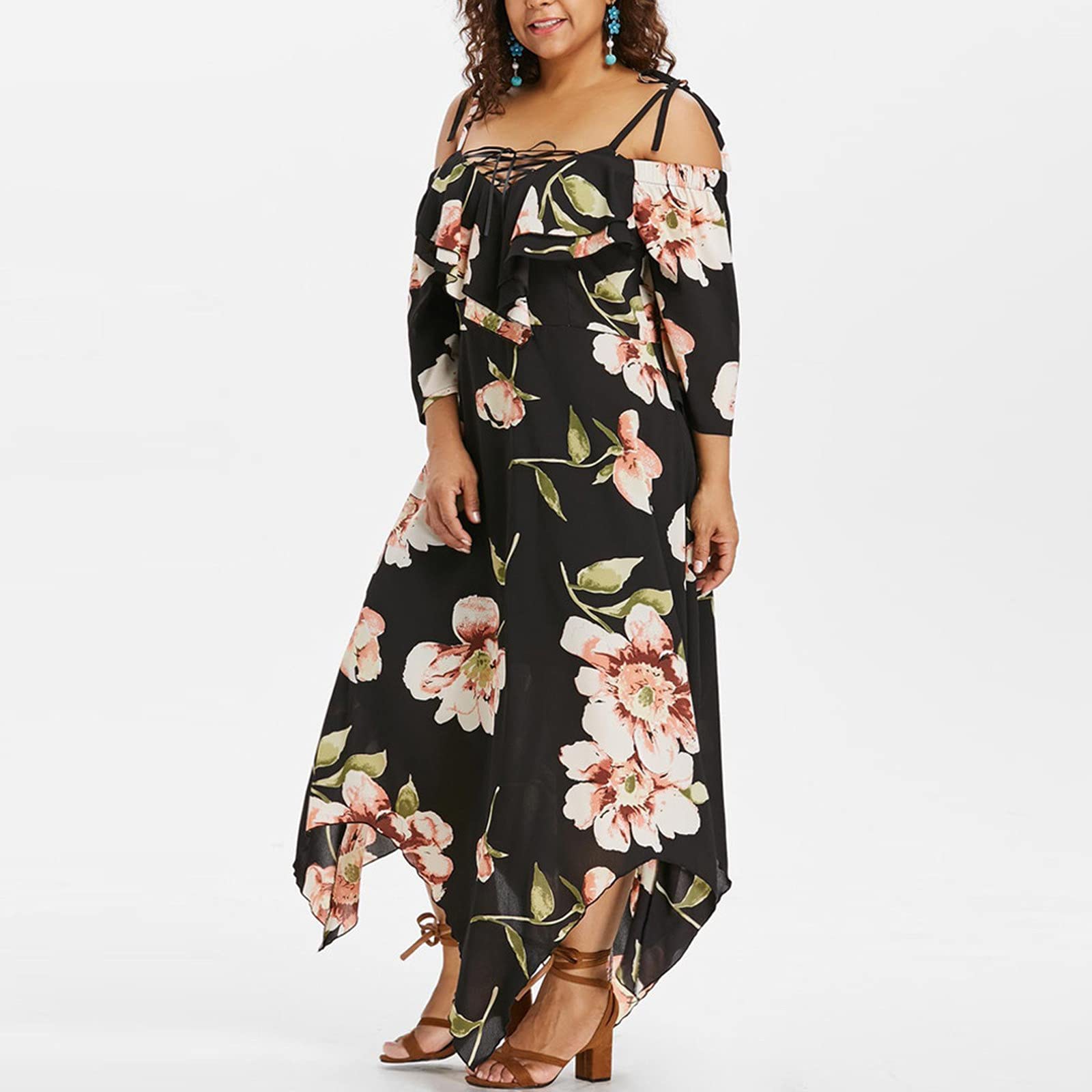 Plus Size Floral Print Boho Dress for Women - Elegant Strap Sleeveless Off Shoulder Midi Dress with Asymmetric Hem | Perfect for Beach Vacations, Summer Parties & Boho Chic Outfits