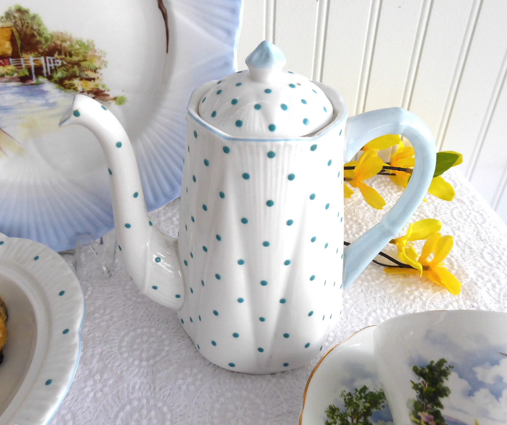 Vintage Shelley England Polka Dot Teapot - 1950s Tall Turquoise Dots Coffee Pot, Retro British Ceramic Tea Set for Afternoon Tea & Collectors Display