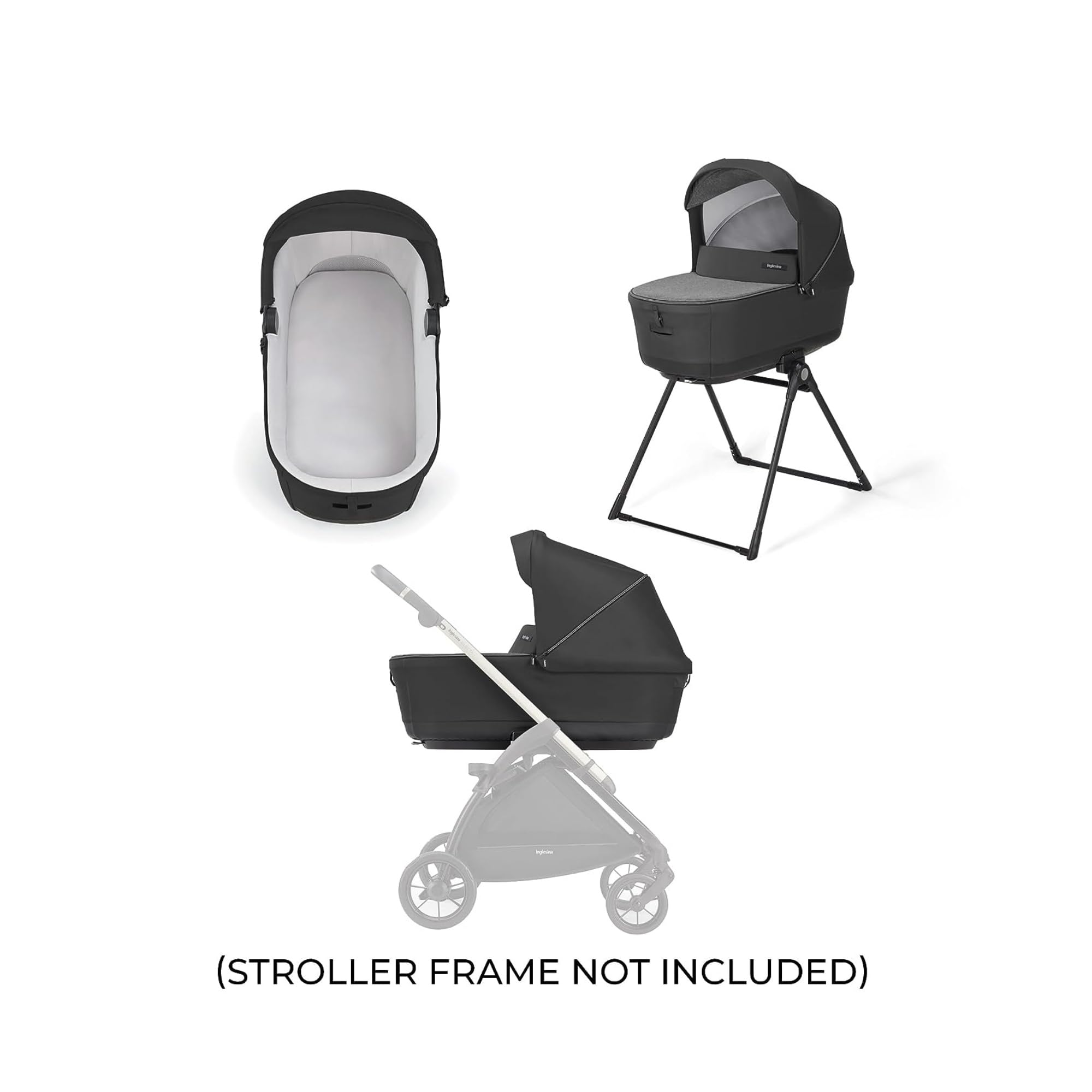 Inglesina Electa Bassinet with Stand for Newborns & Babies up to 6 Months - Breathable Mesh Ventilation System with Canopy & Cover - Compatible with Electa Stroller - Upper Black - Perfect for Overnight Sleeping, Nursery Use & Travel