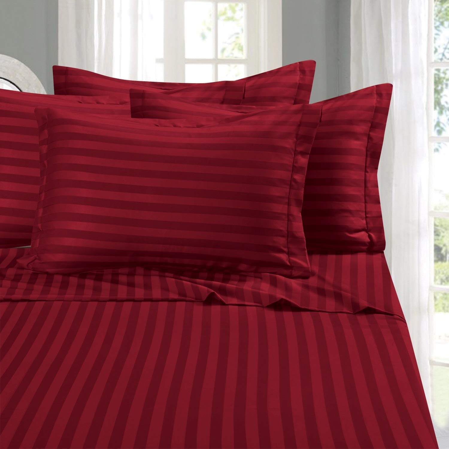 Luxury 6-Piece Egyptian Cotton Sheet Set - 1500 Thread Count, Wrinkle Resistant, Ultra Soft Queen Size Bedding in Burgundy Damask Stripe | Perfect for Master Bedrooms, Guest Rooms & Cozy Sleep