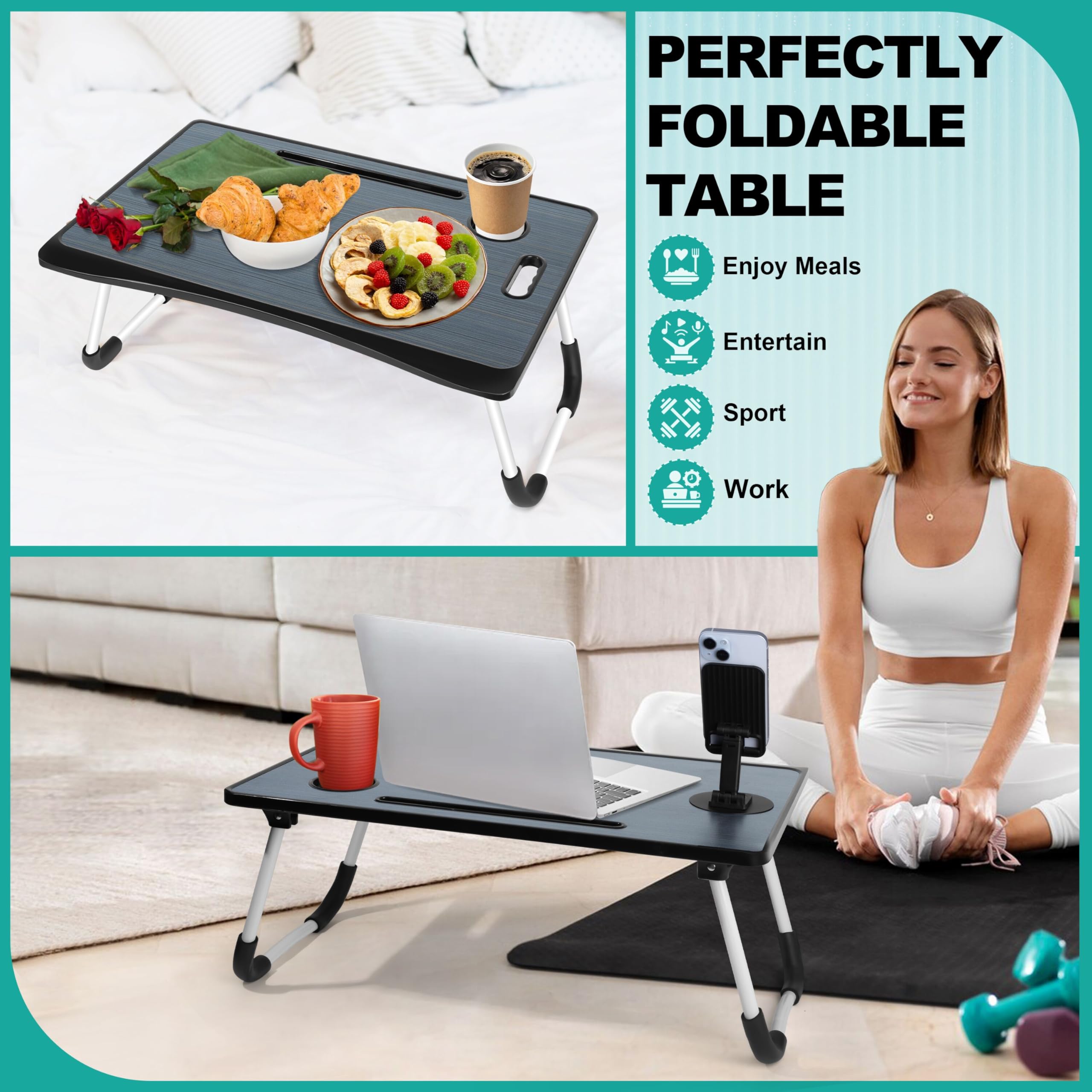 4-in-1 Foldable Laptop Desk with Cup Holder & Tablet Slot - Portable Lap Desk for Bed, Couch, Office & Travel - Perfect for Breakfast, Reading, Writing & Working in Bed - Black