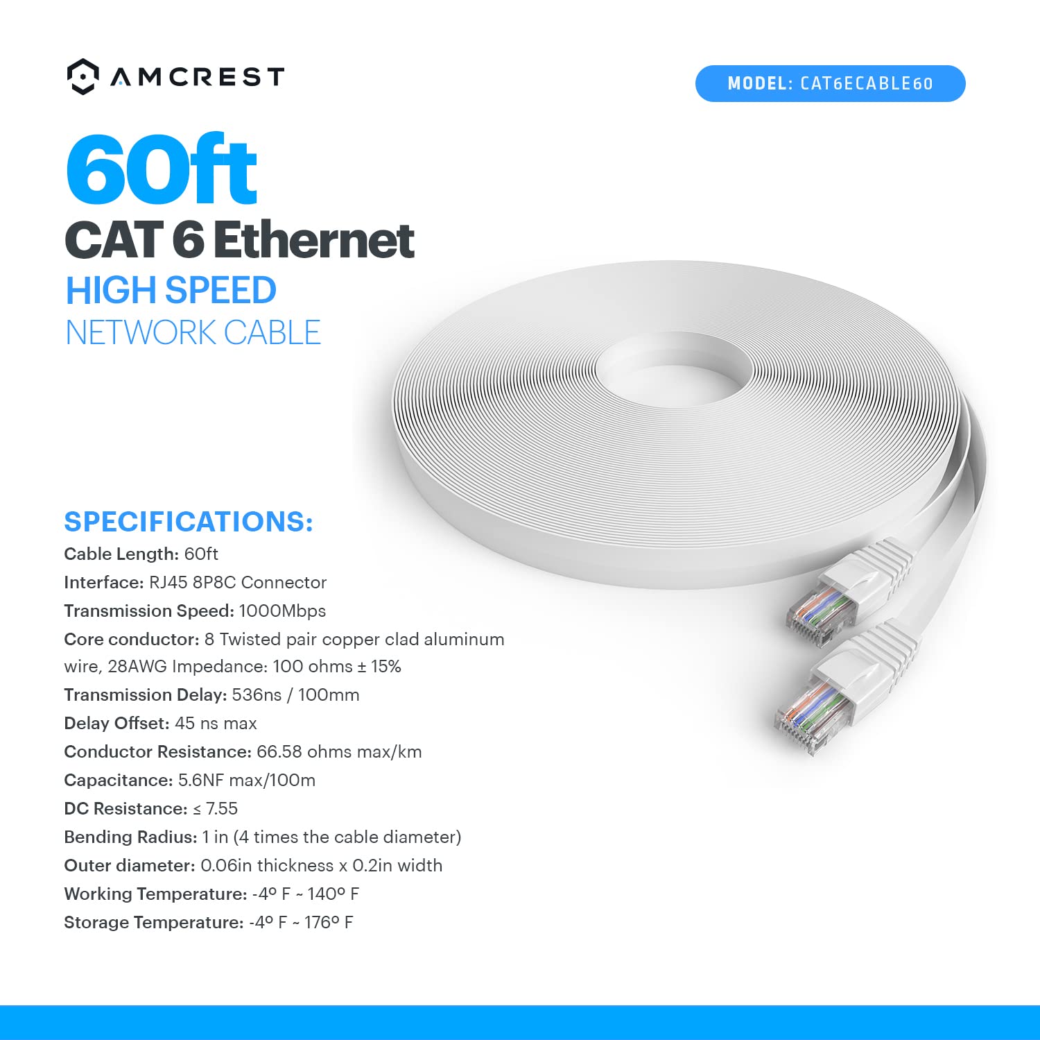 Amcrest CAT6E 4K-Rated 60ft POE Ethernet Cable - High-Speed Internet & Network Cable for PoE Security IP Cameras, Smart TVs, Gaming Consoles (PS4/Xbox One), Routers & Computers - Perfect for Home & Office Networking