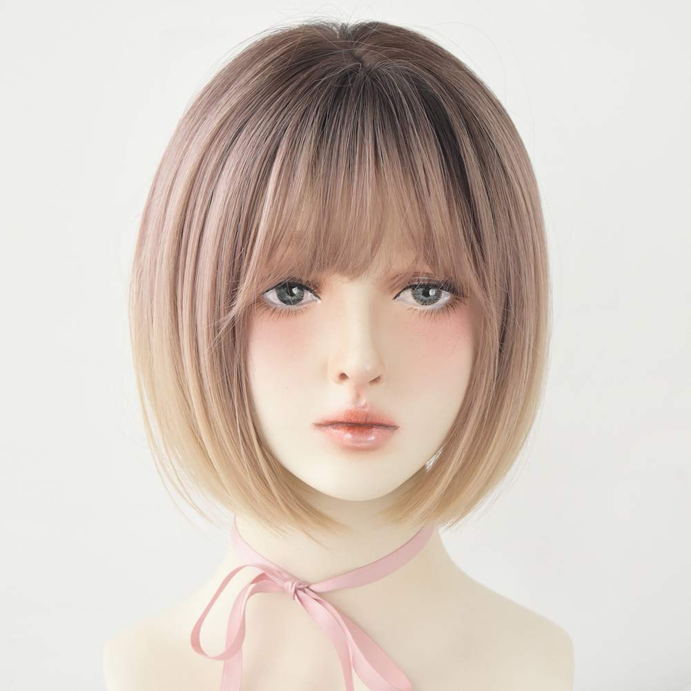 Natural Looking Blonde Short Bob Wig with Bangs - Straight Rose Golden Synthetic Hair for Women | Perfect for Daily Wear, Cosplay, and Party Events (Rose Gold)