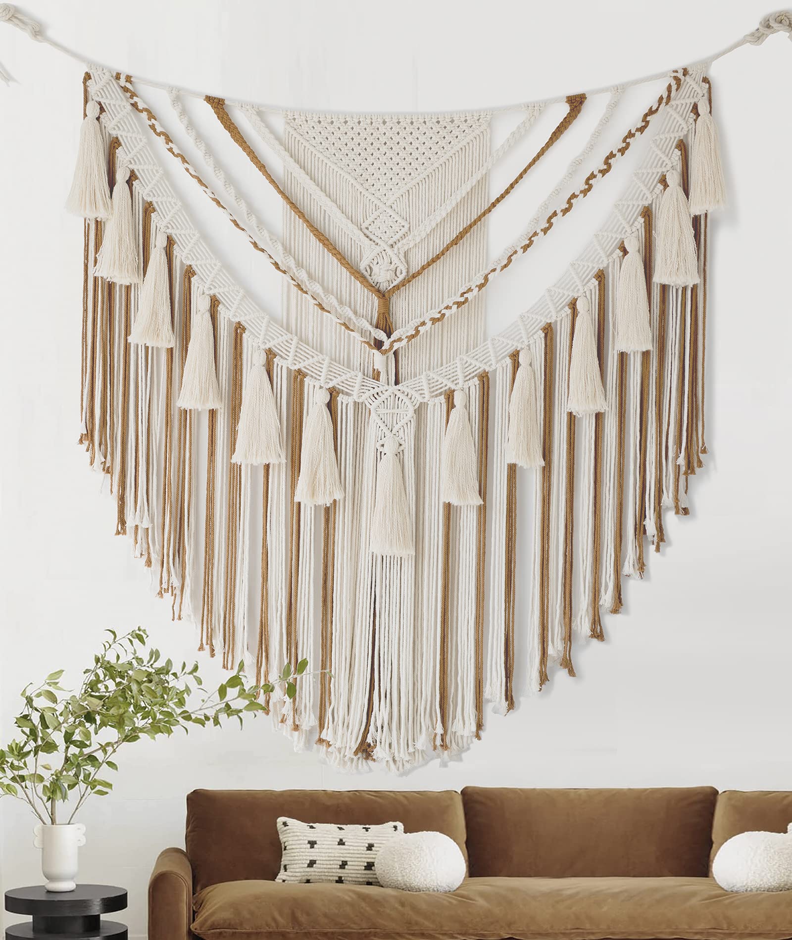 Handmade Boho Macrame Wall Hanging 47x55 Inches - Natural Brown Yarn Wall Art Decor for Living Room, Bedroom, Nursery | Large Woven Tapestry for Bohemian Home, Apartment & Dorm Room Decor