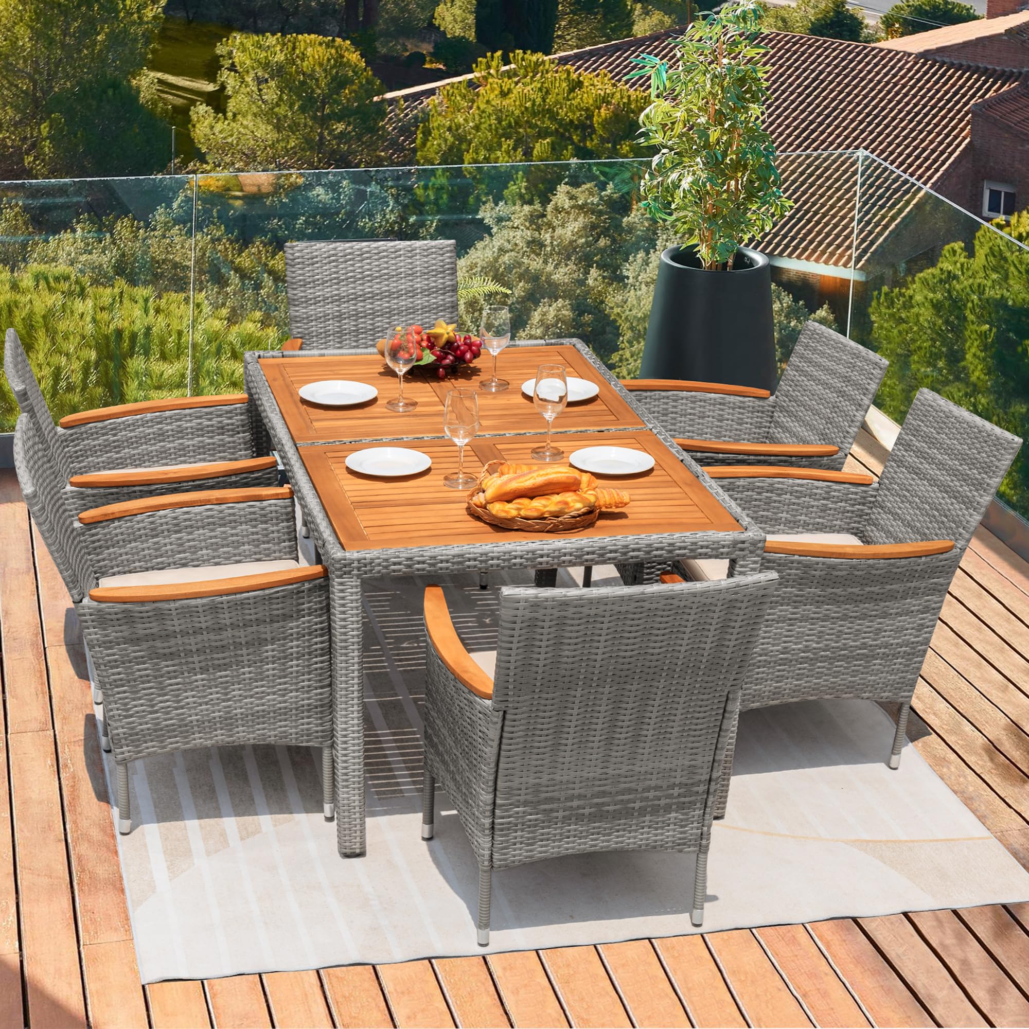 Premium 7-Piece Acacia Wood Patio Dining Set with Soft Cushions - Outdoor Wicker Furniture for Deck, Backyard & Garden - Weather-Resistant Grey Set for Al Fresco Dining & Entertaining