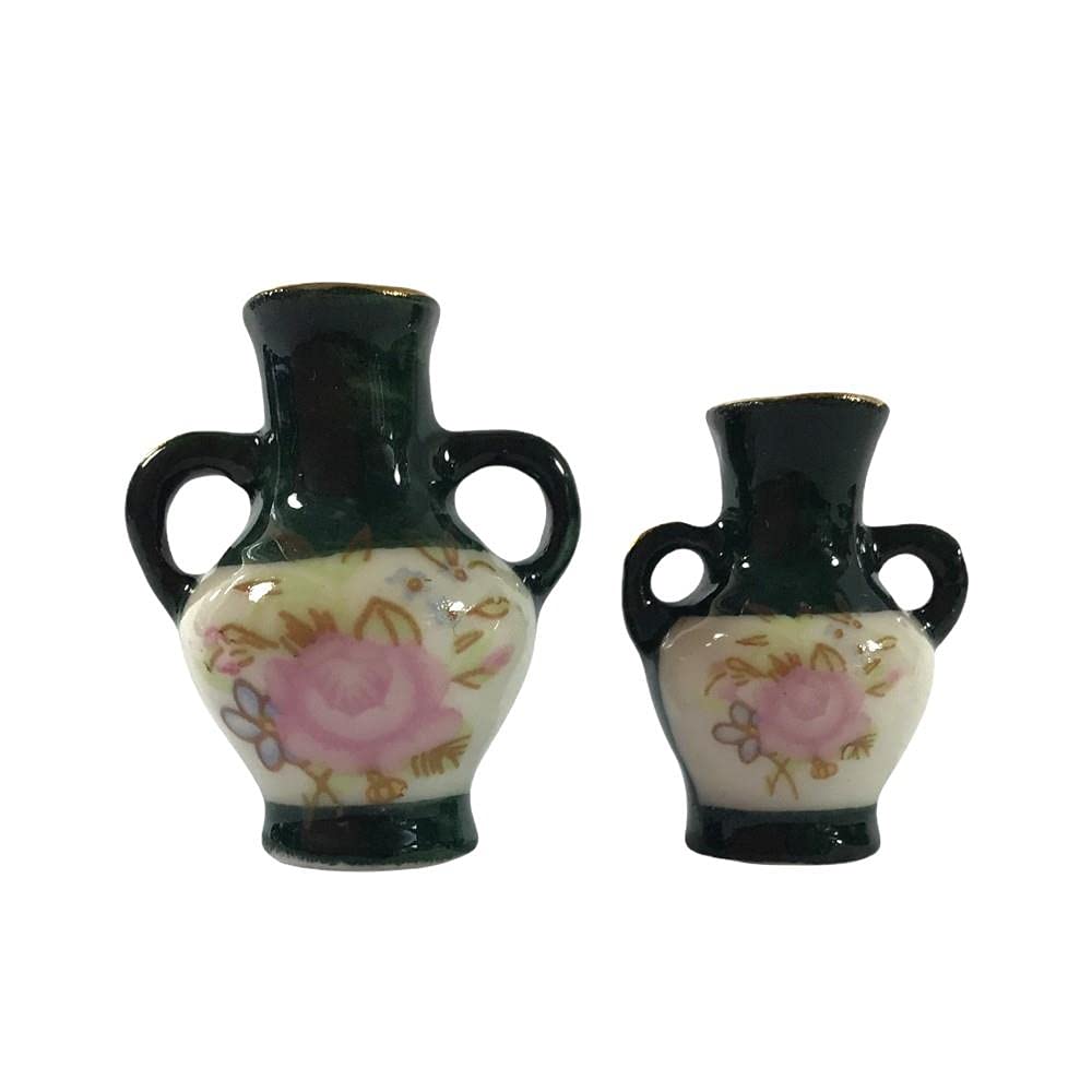 Melody Jane Dollhouse Miniature Accessories - Set of 2 Dark Green Floral Painted Vases 1:12 Scale for Dolls Houses | Perfect for Victorian Dollhouse Decor, Miniature Displays & Collectors