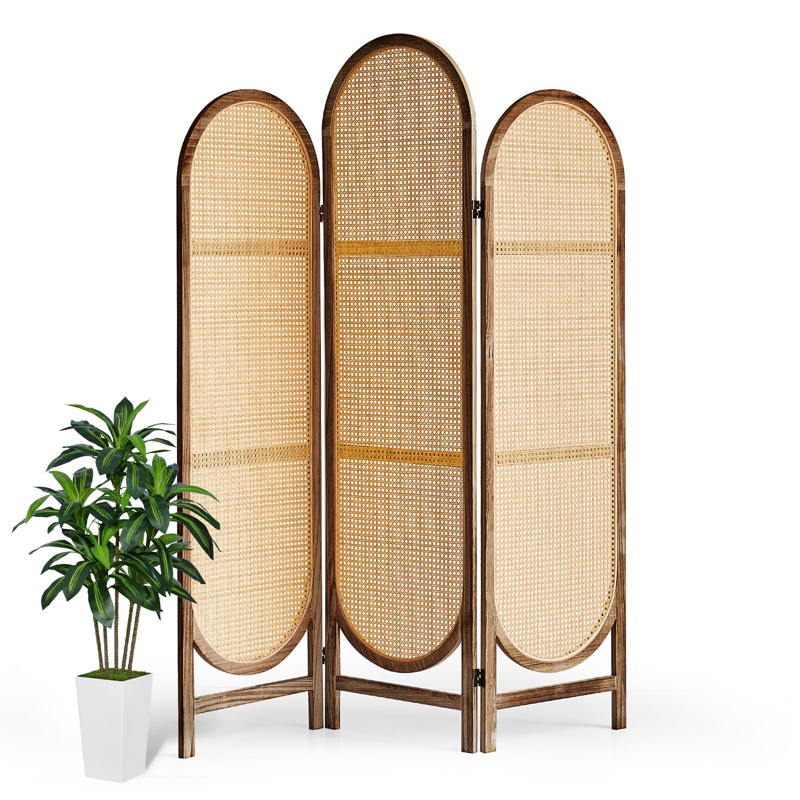 3-Panel Wood Room Divider | Folding Rattan Partition Screen with Unique Design | Portable Privacy Wall Divider for Home, Office, Restaurant & Bedroom (Brown) | Perfect for Space Separation & Interior Decor