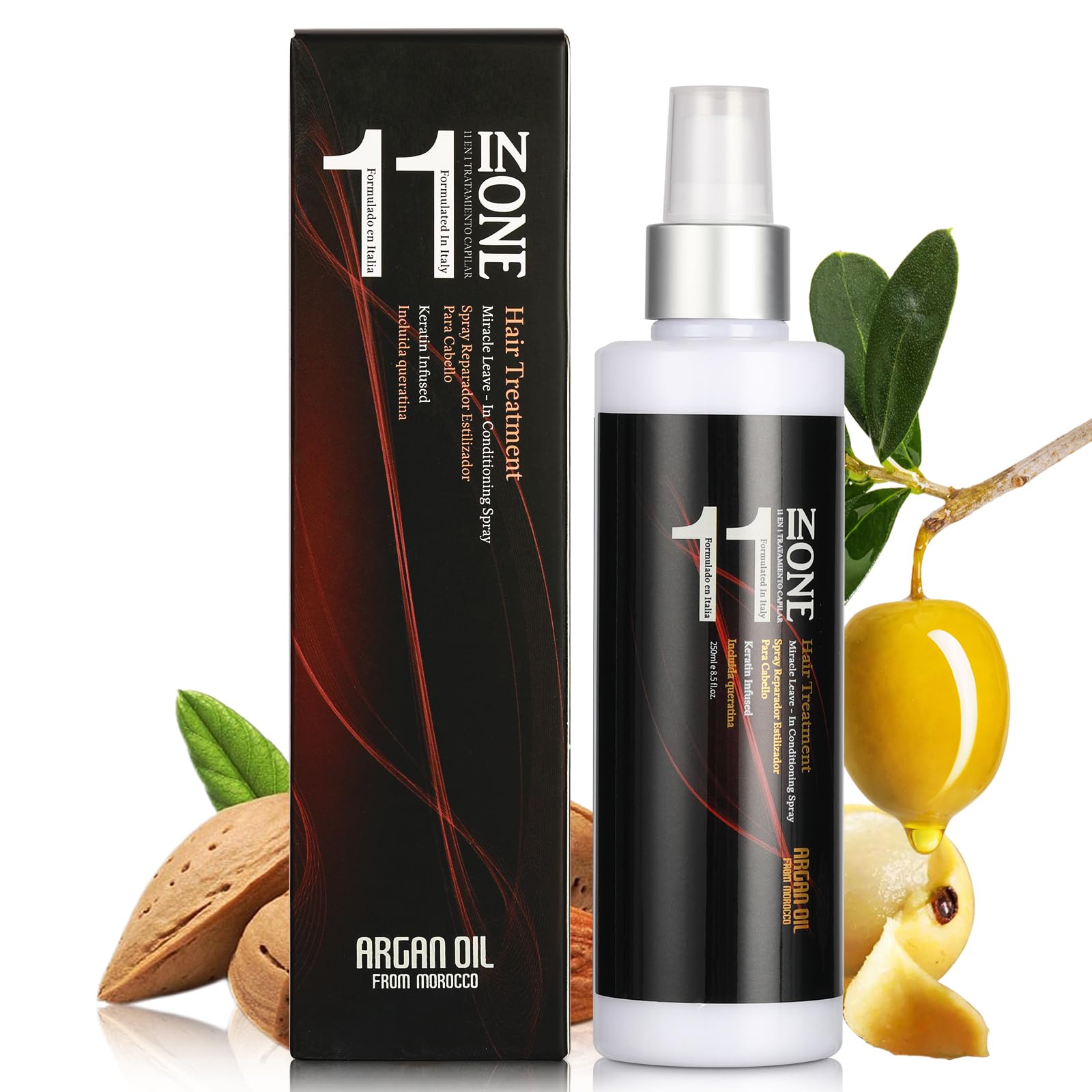 11-in-1 Moroccan Argan Oil Leave-In Conditioner Spray with Keratin - Ultra Rich Hair Treatment for Moisture, Shine & Frizz Control | Color Safe, Long-Lasting Nourishment | Perfect for Dry, Damaged Hair & Daily Styling