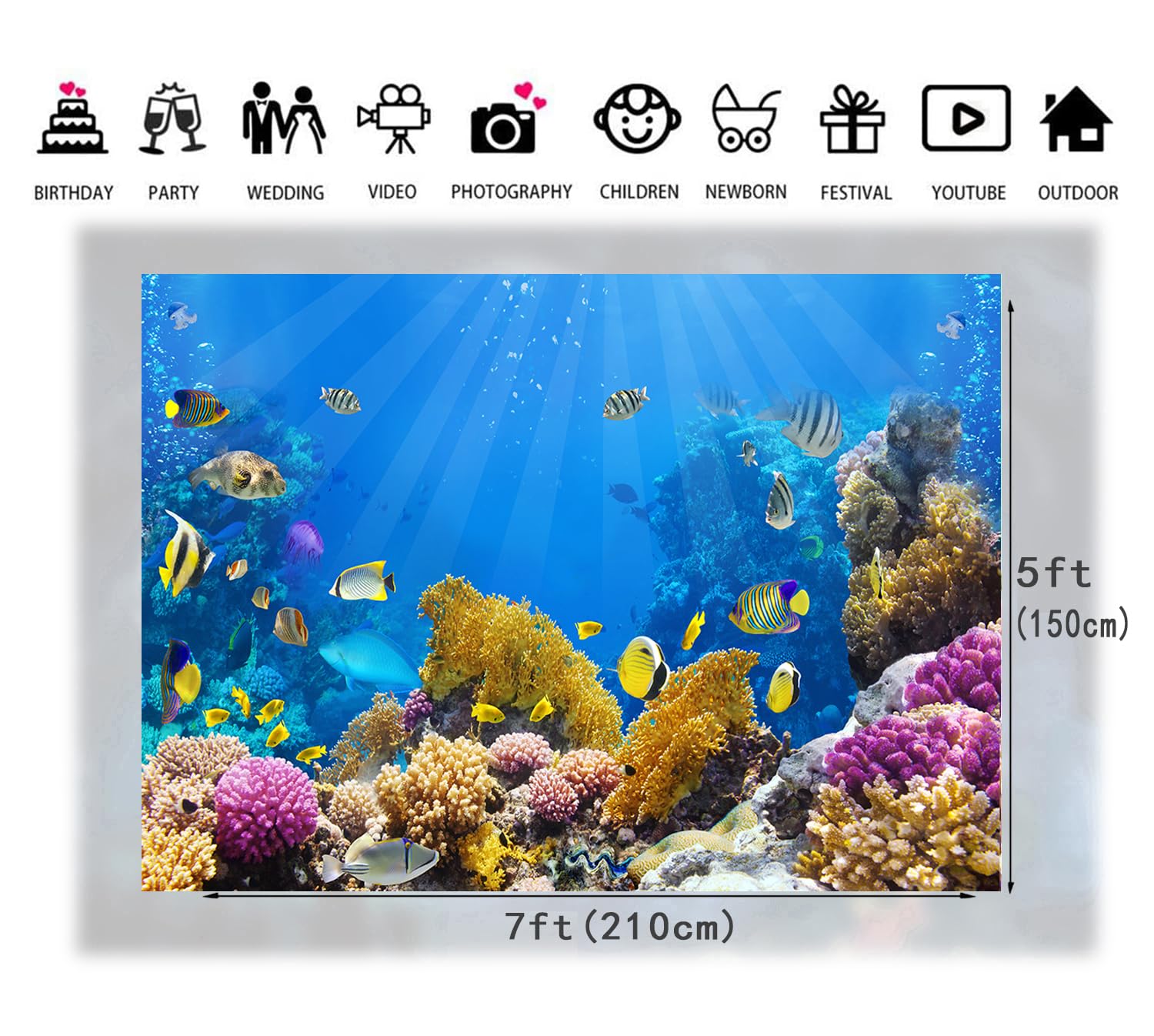 7x5ft Under The Sea Photography Backdrop - Aquarium Underwater World Tropical Fish Coral Reef Background for Mermaid Birthday, Baby Shower & Ocean Party Decorations - Perfect for Photo Booth, Events & Social Media Props (279)