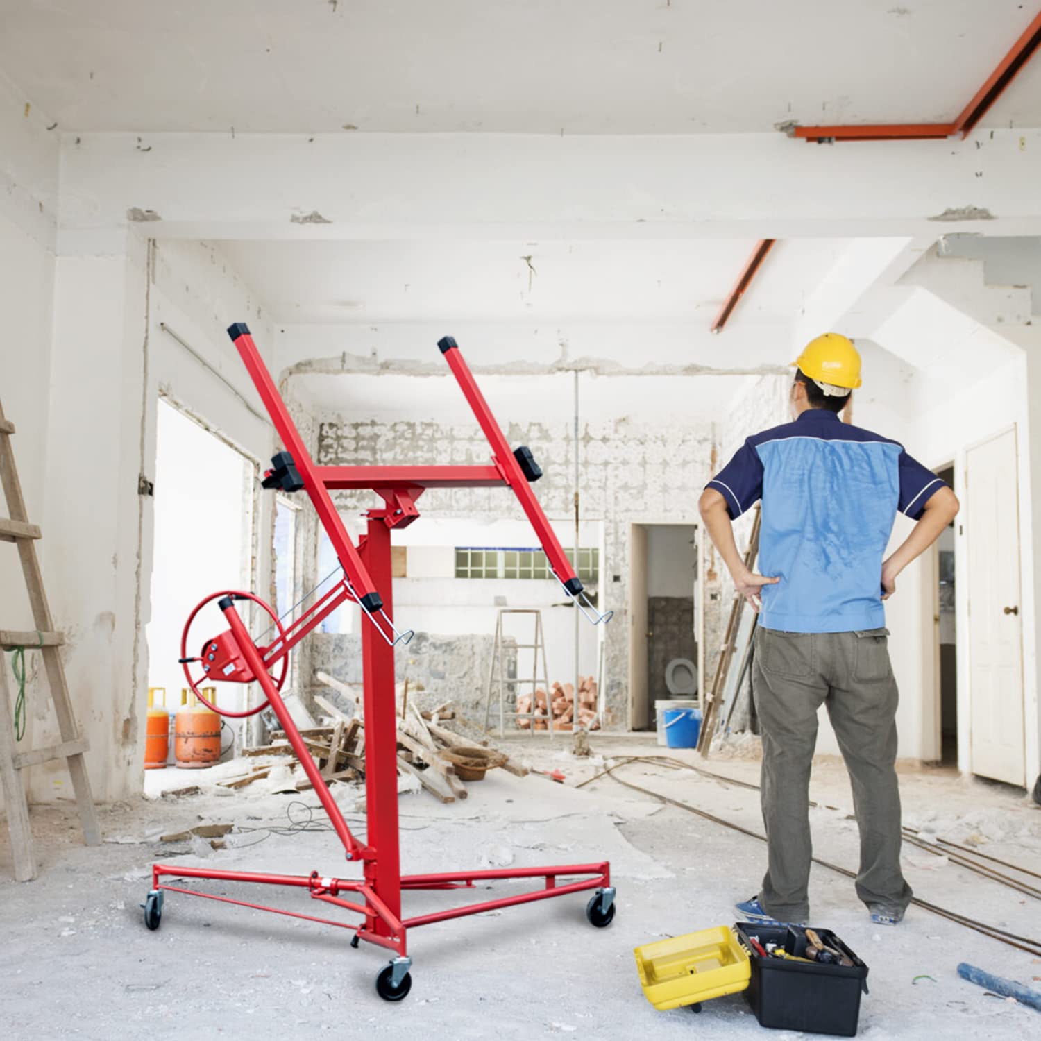 11Ft Drywall Lift Panel Hoist with Lockable Wheels - Heavy Duty Construction Tool for Ceiling Installation & Drywall Projects - Perfect for Contractors & DIY Home Renovation