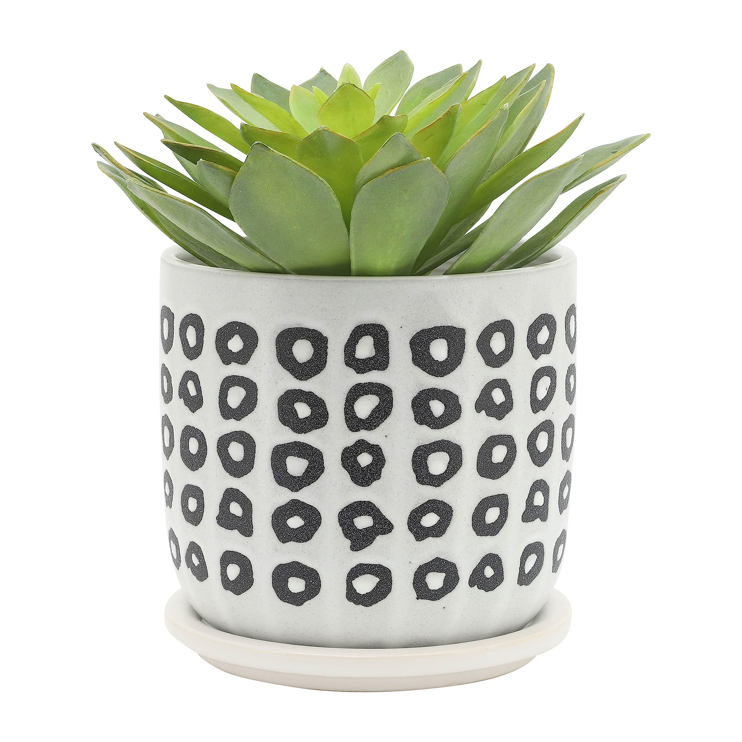 Set of 2 Modern Aztec Design Ceramic Plant Pots with Matching Saucers - White & Black Indoor Outdoor Flower Planters for Succulents, Herbs, Home & Garden Decor