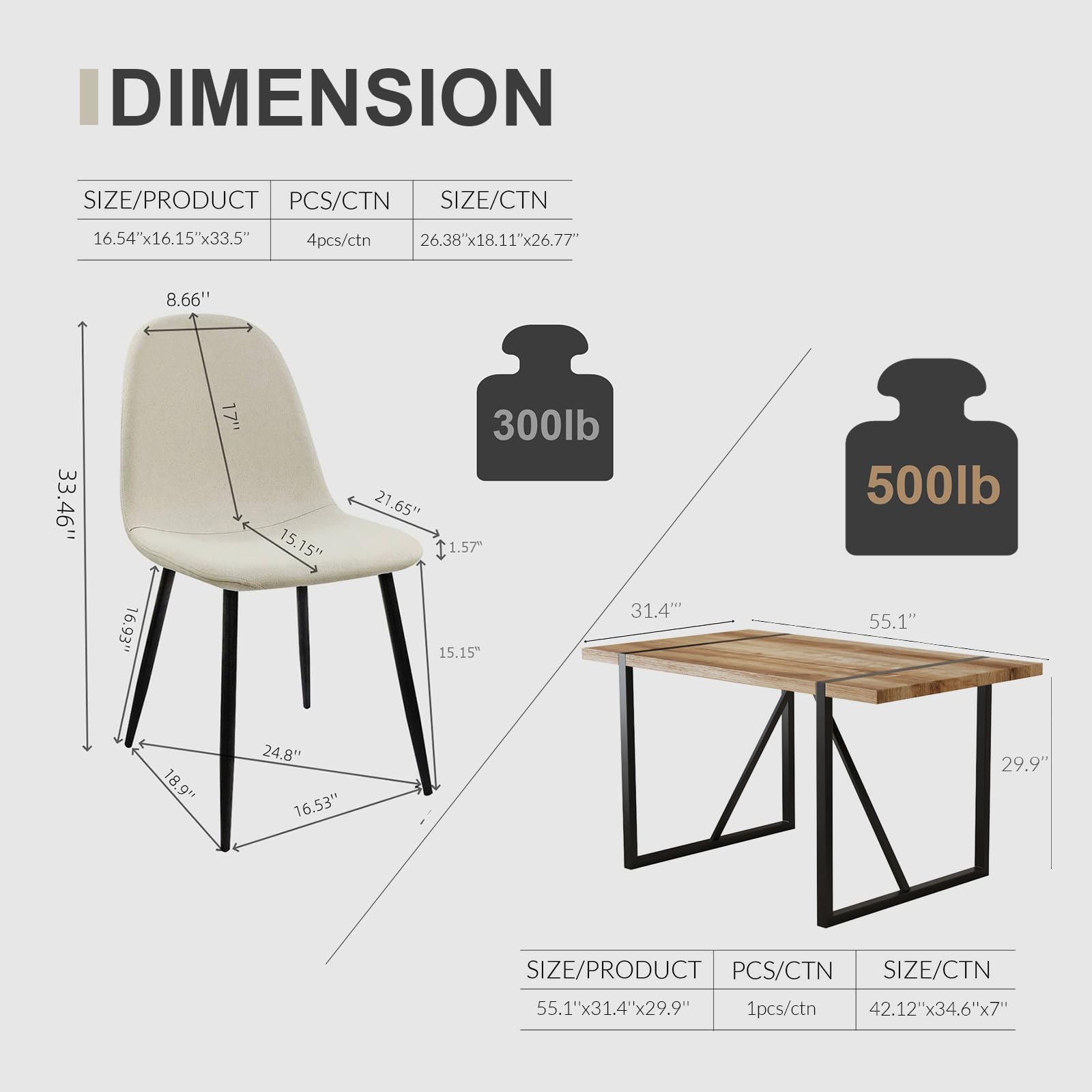 5-Piece Modern Wooden Dining Table Set with Fabric Chairs for 4 - Rectangle Kitchen Table & 4 Seater Dining Chairs - Perfect for Small Spaces, Apartments & Family Meals