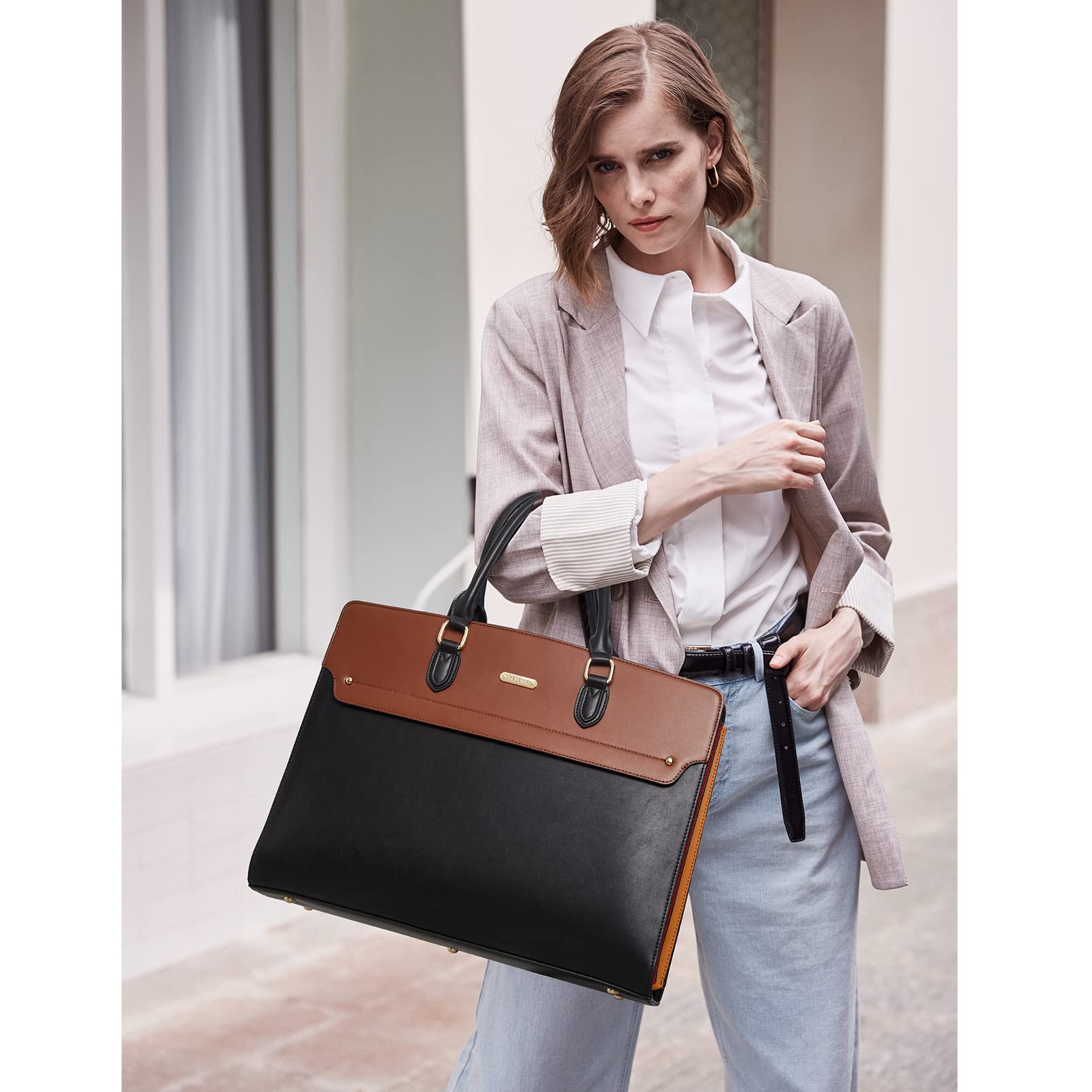 Telena 15.6 Inch Leather Laptop Tote Bag for Women - Stylish Shoulder Briefcase with Large Capacity - Perfect for Work, Business Meetings & Travel