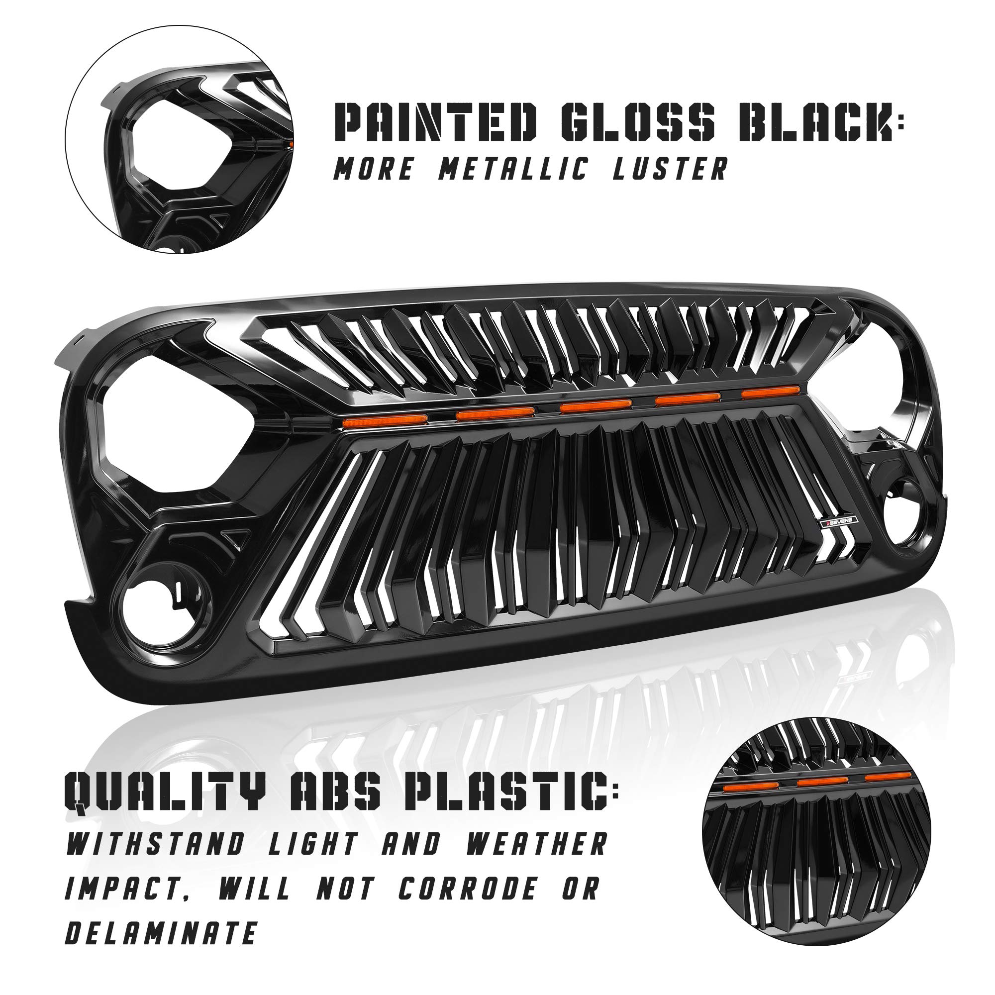 SEVEN SPARTA Jeep Wrangler JK/JKU Front Grill (2007-2018) - Thunderfury Style with 5 LED Grille Lights, Strip, Clips & Rivets - Gloss Black Paint | Off-Road Upgrade & Customization Accessory