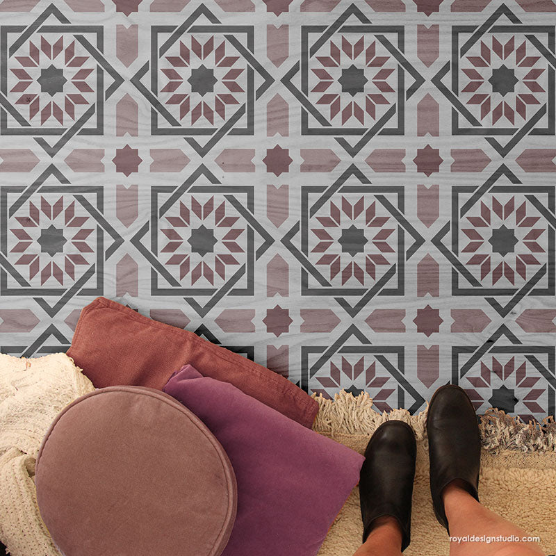 Almeria Allover Tile Stencil - Reusable DIY Wall & Floor Stenciling Kit for Home Decor, Bathroom, Kitchen Backsplash - Perfect for Painting Patterns on Ceramic, Concrete & Wood Surfaces