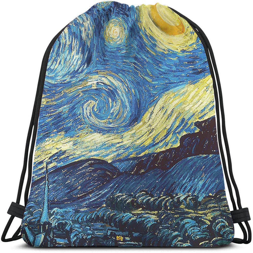 Van Gogh Starry Night Backpack - Classic Art Painting Drawstring Bag for Gym, Yoga & Travel | Moon & Stars Universe Design | Sport Sack for Men & Women | Perfect for Workouts, Beach & Daily Use